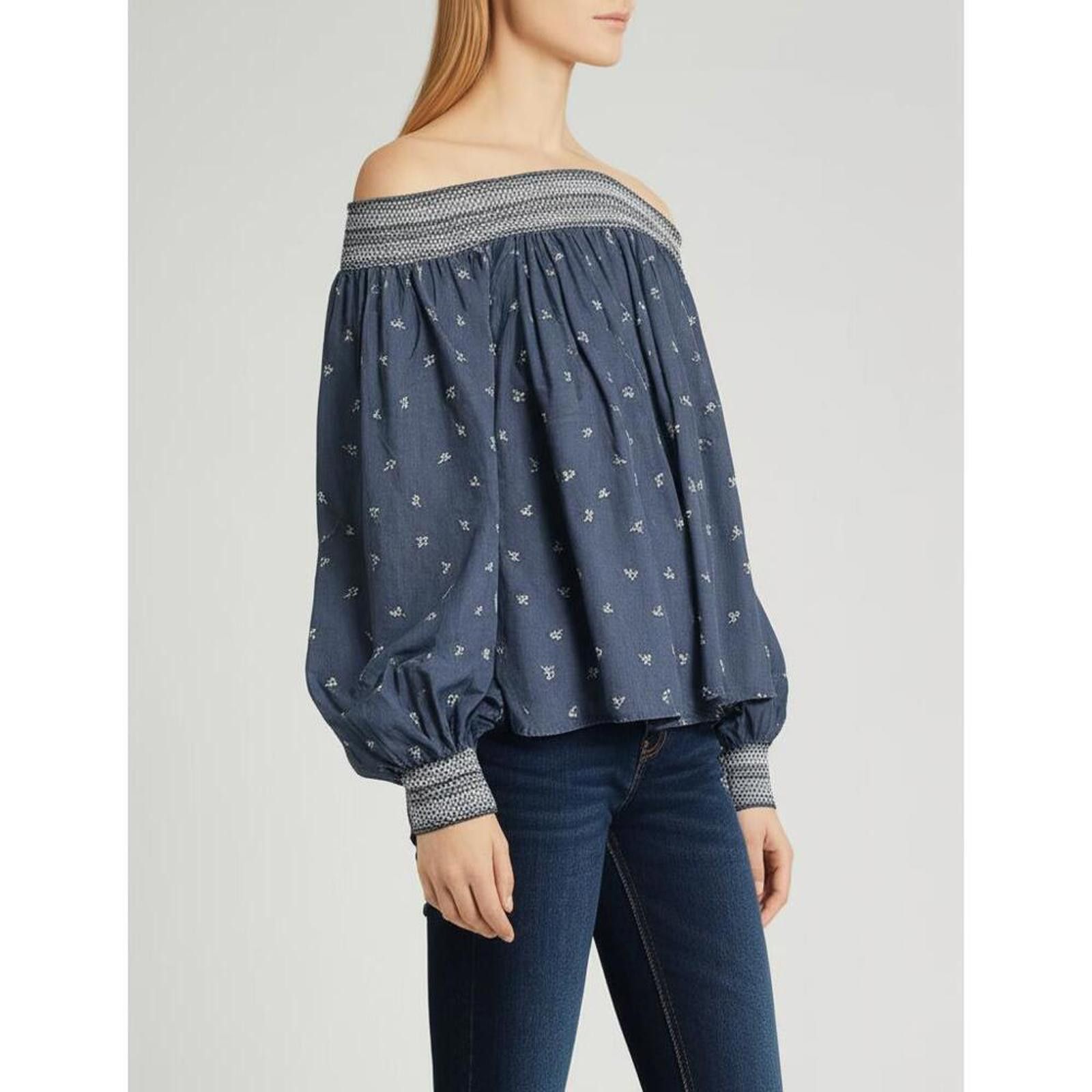 Tommy Hilfiger Tommy Hilfiger S Blue Off Shoulder Smocked Leaf Resortwear Size S / US 4 / IT 40 - 2 Thumbnail