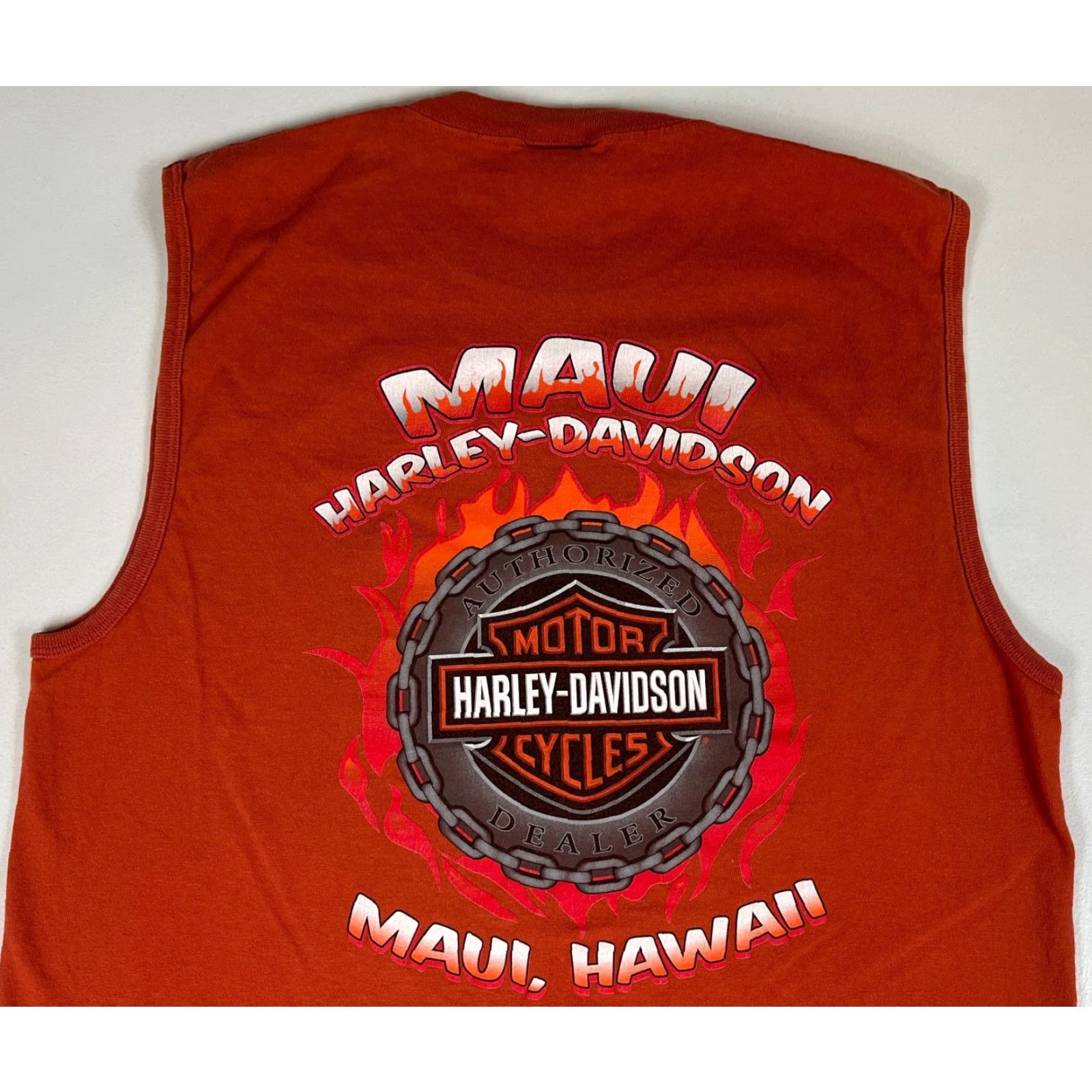 Harley Davidson VINTAGE Harley-Davidson Maui, Hawaii Sleeveless Tee Mens T-Shirt L Burnt Orange 2006 Made in USA Shirt Size US L / EU 52-54 / 3 - 3 Thumbnail