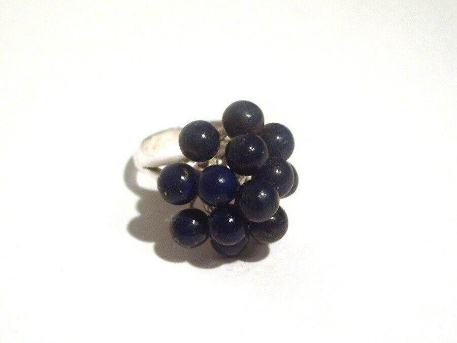 Designer Cluster Cocktail Ring Sterling Silver with Lapis Lazuli Bead Size ONE SIZE - 1 Thumbnail