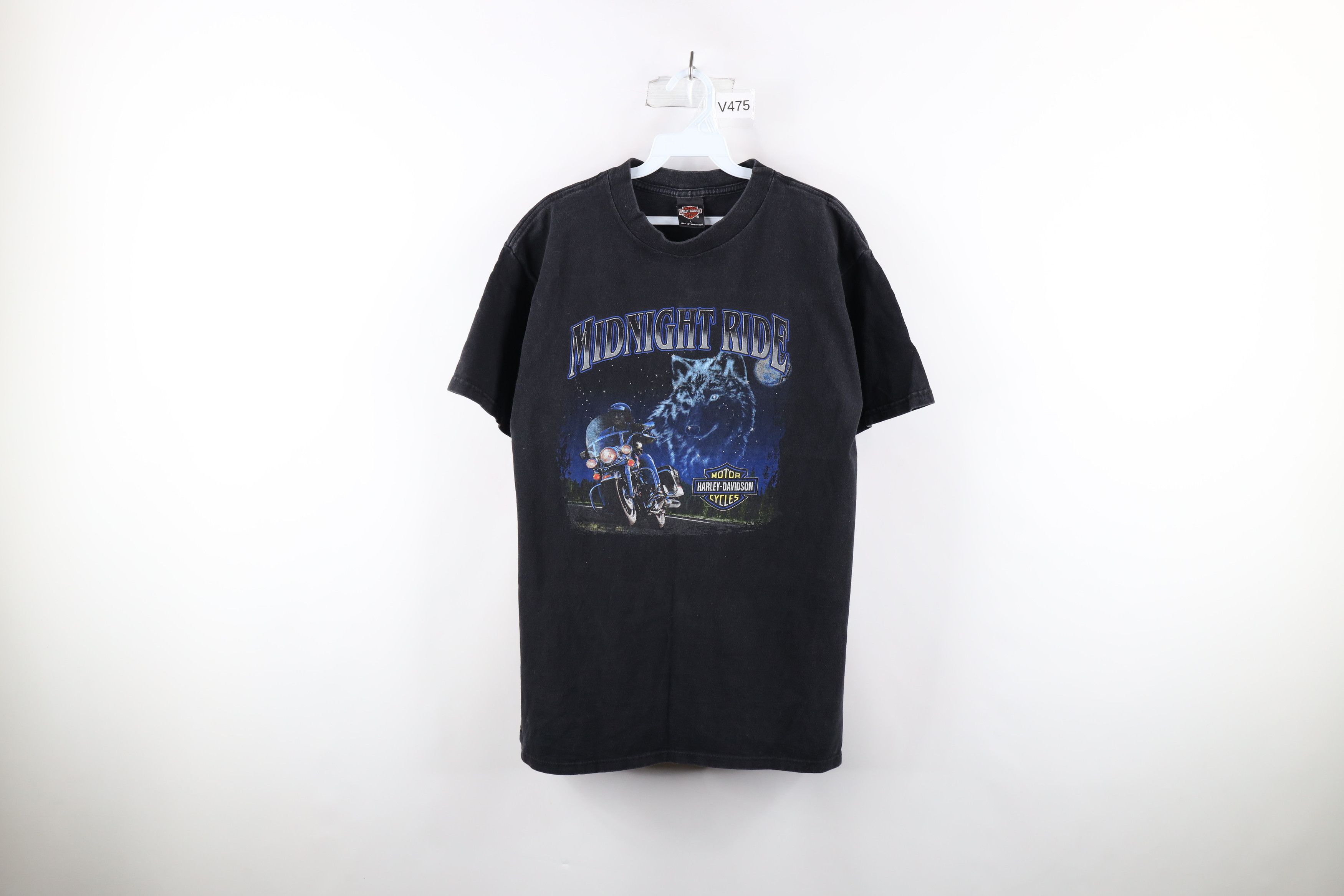 image of 90's Harley Davidson Midnight Ride Wolf T-Shirt Usa in Black, Men's (Size Large)