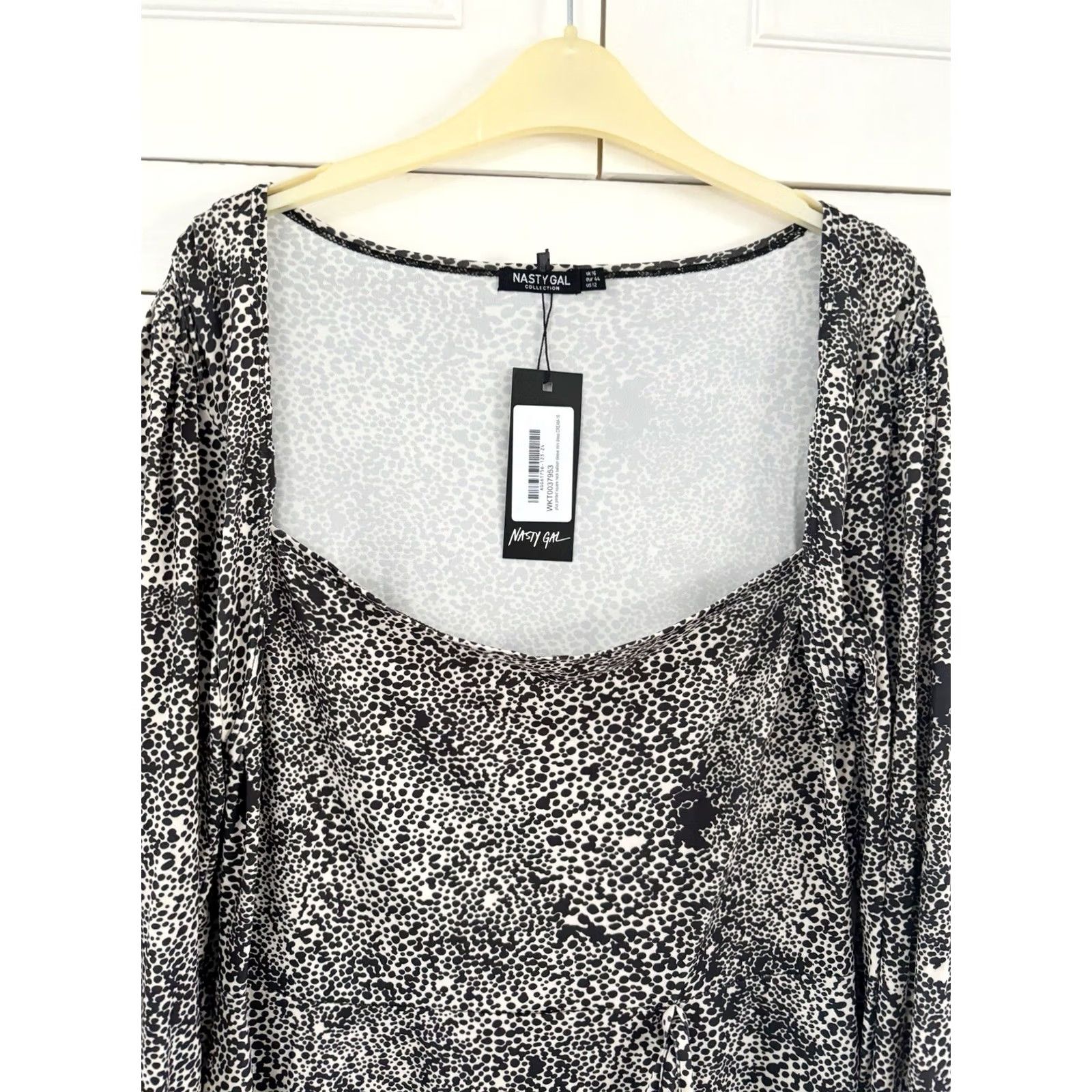 Nasty Gal Nasty Gal Mini Dress Plus Printed Square Neck Balloon Sleeve UK 16 Cream Black New with Tags Size XXL / US 16-18 / IT 52-54 - 3 Thumbnail