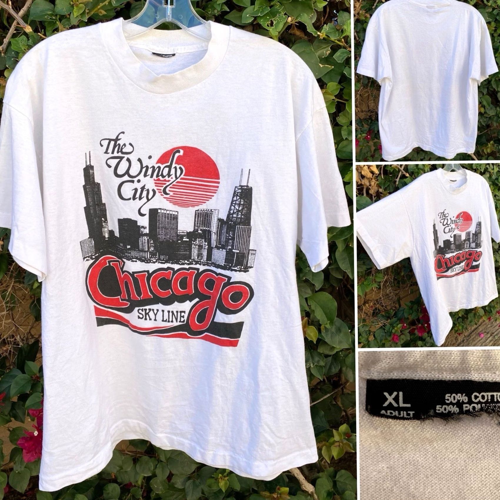 Vintage VINTAGE Chicago Windy City Skyline T-Shirt Made In USA 90s XL White Cotton Blend 50/50 Short Sleeve Crew Neck Men Mens 90s City Graphic Print Shirt Size US XL / EU 56 / 4 - 7 Thumbnail
