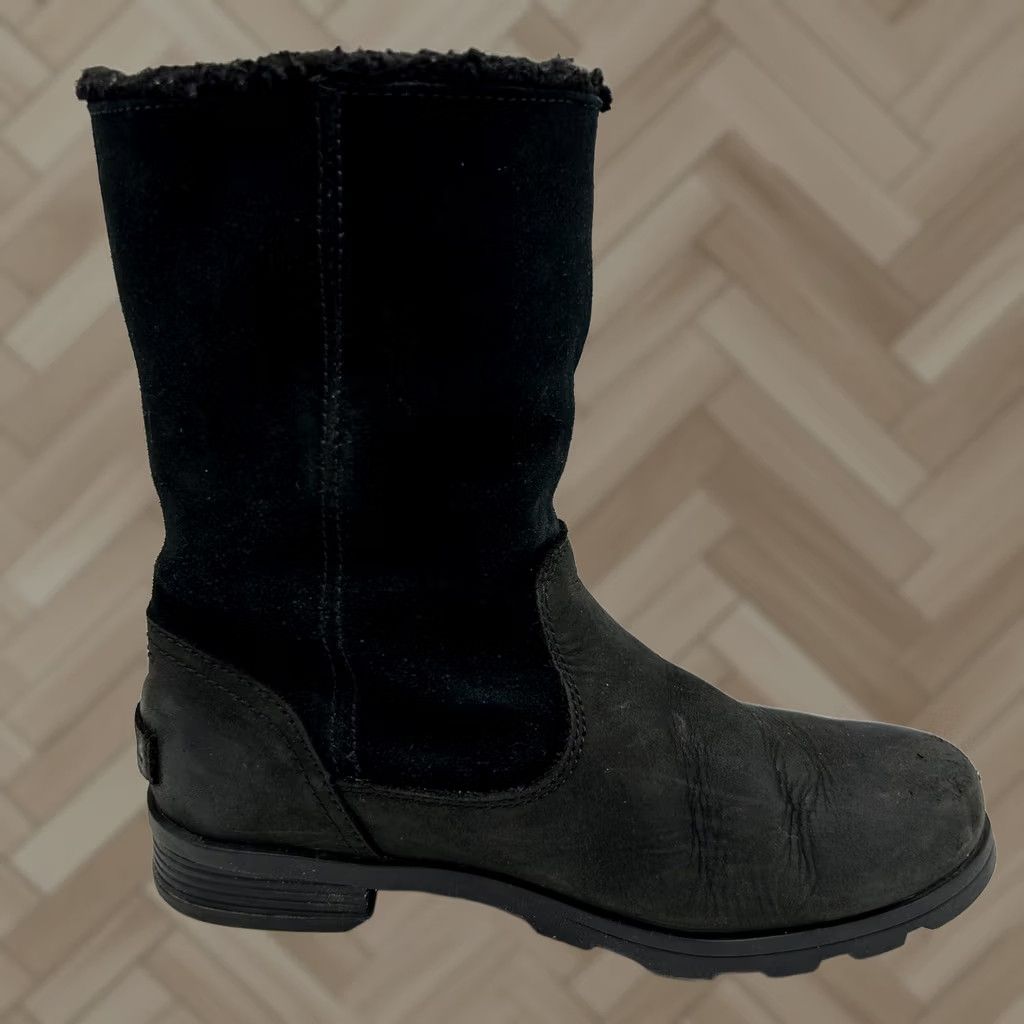 SOREL Sorel Emelie Boots Womens 6 Black Leather Winter Fur Waterproof Mid-Calf Fold Over Block Heel Size US 6 / IT 36 - 1 Thumbnail