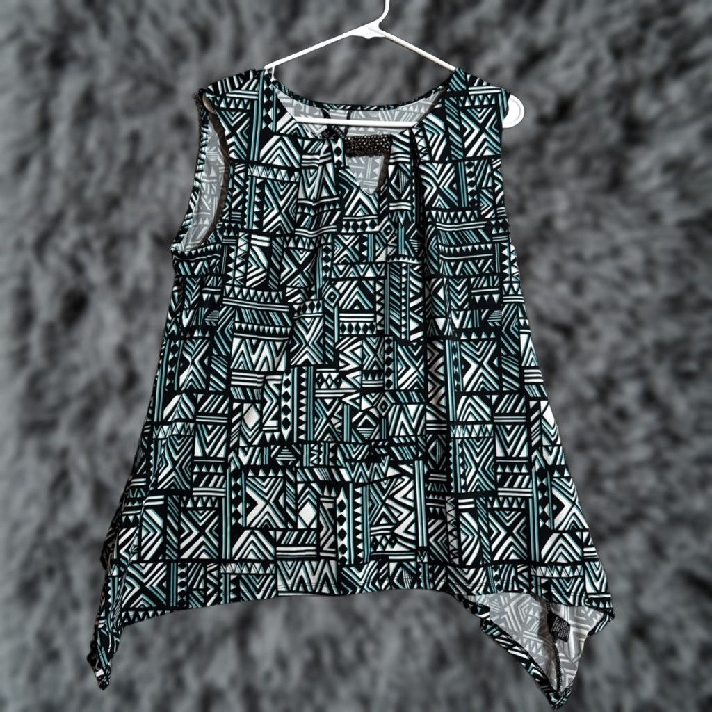 Vintage Zac & Rachel Top Womens Large Beho Retro Y2K Asymmetrical Beaded Aztec Tribal Tank Sleeveless Round Neck Pullover Casual Breathable Stretch Size L / US 10 / IT 46 - 1 Thumbnail