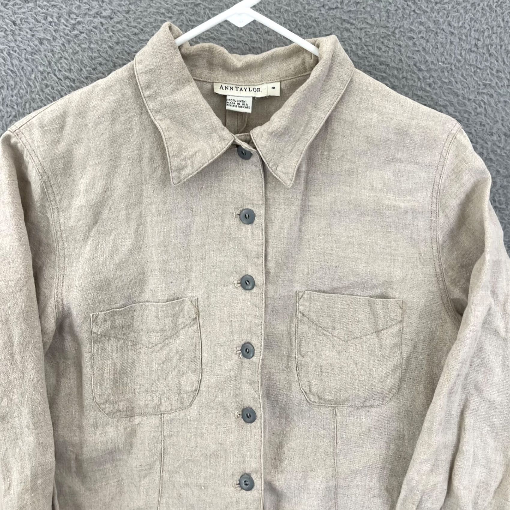 Ann Taylor Ann Taylor Shirt Womens 8 Beige Button Up 100% Linen Pocket Long Sleeve Collar Size M / US 6-8 / IT 42-44 - 3 Thumbnail