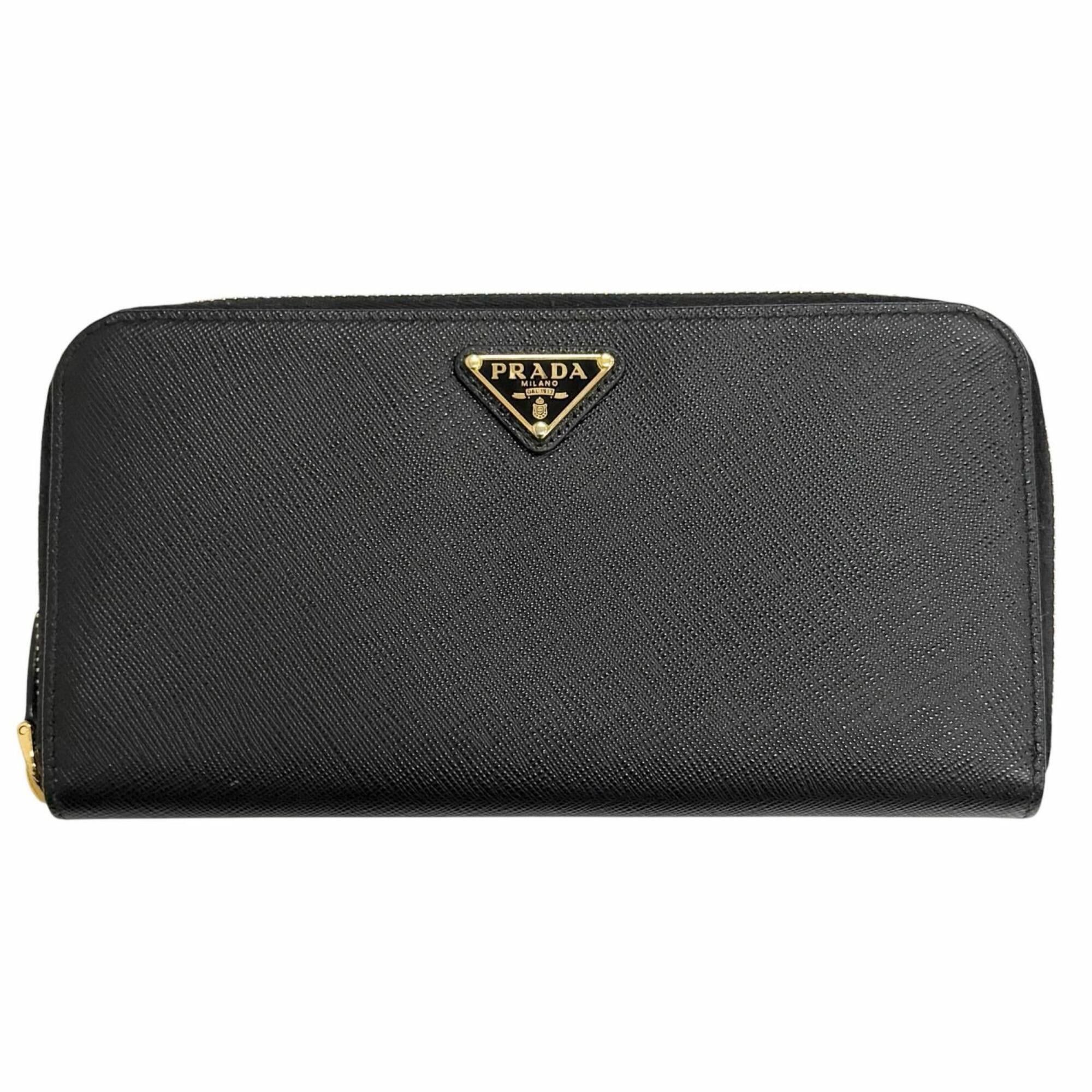 Prada PRADA 1ML506 Saffiano Leather Triangle Logo Round Zip Long Wallet, Black with Gold Hardware, Made in Italy, Women's Size ONE SIZE - 1 Thumbnail