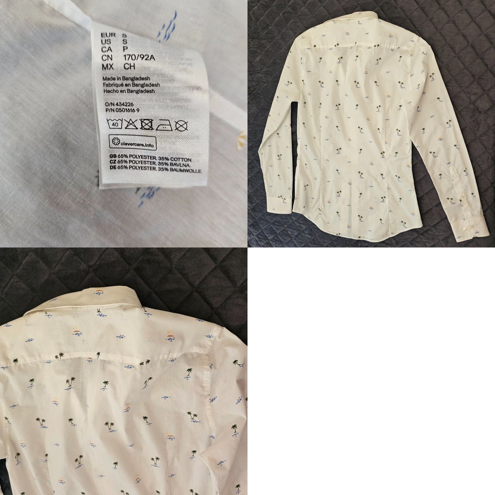 H&M H&M Shirt Men Button-Down White Palm Trees Print Long Sleeve Size S Geometric Pattern Cotton Blend Reg Fit Size US S / EU 44-46 / 1 - 8 Thumbnail