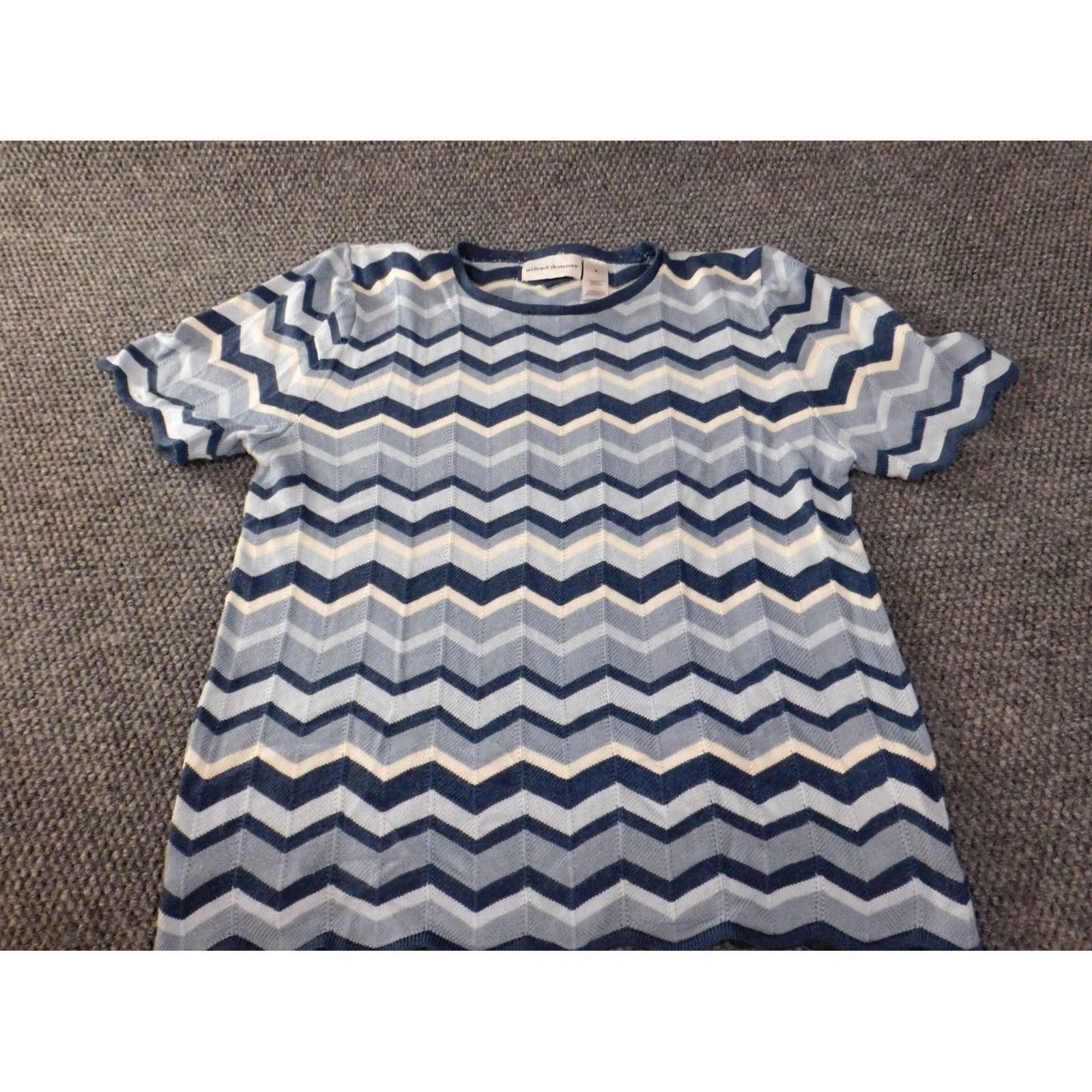 Vintage Alfred Dunner Blouse Shirt Medium Blue Striped Round Neck Short Sleeve Acrylic Womens Regular Stretch Casual Size M / US 6-8 / IT 42-44 - 2 Thumbnail