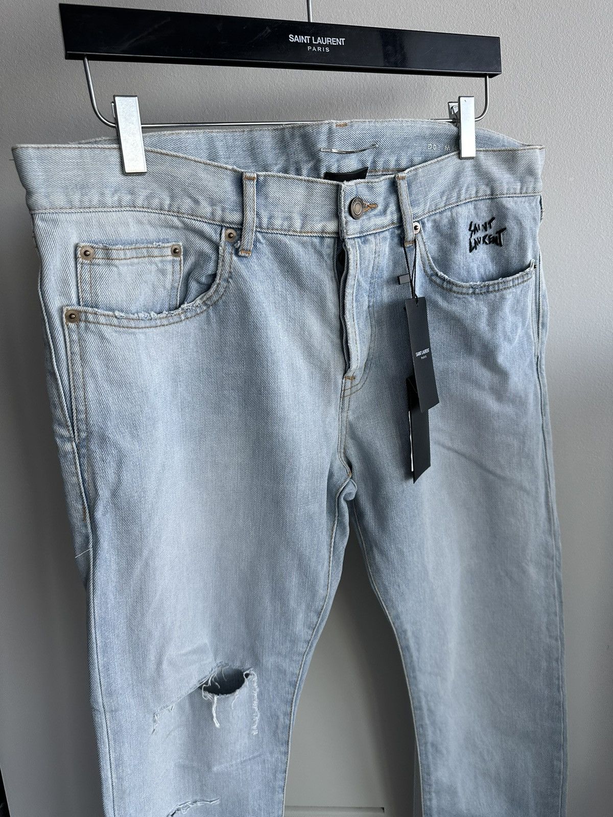 Saint Laurent Paris SLP Super Rare Brand New Trashed Ripped Skinny Denim Jeans Size US 33 - 25 Thumbnail