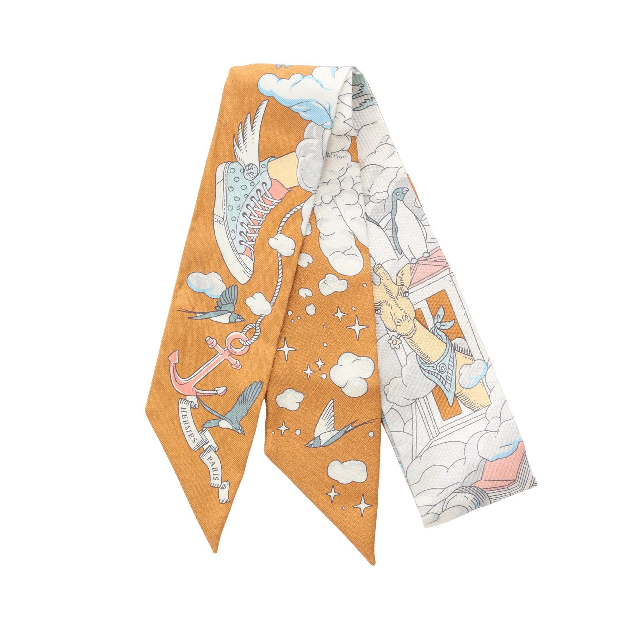 Hermes Twilly Sur Mon Nuage Ribbon Scarf Silk Light Brown Multicolor