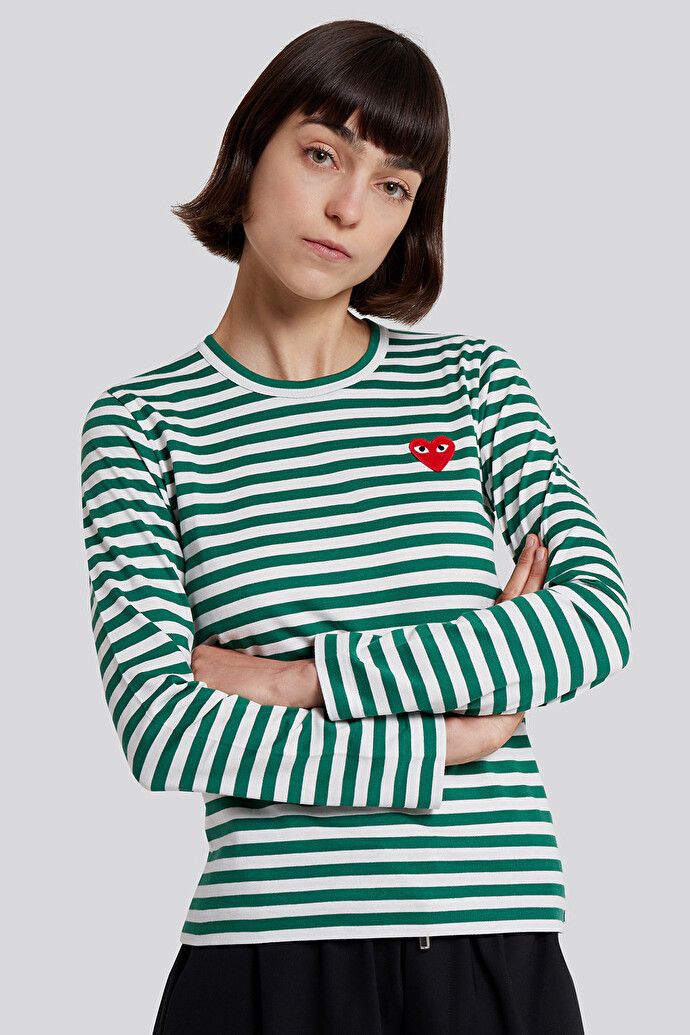 Comme des Garcons PLAY Comme des Garcons L/S Green Striped Cotton T-Shirt Size S / US 4 / IT 40 - 1 Thumbnail