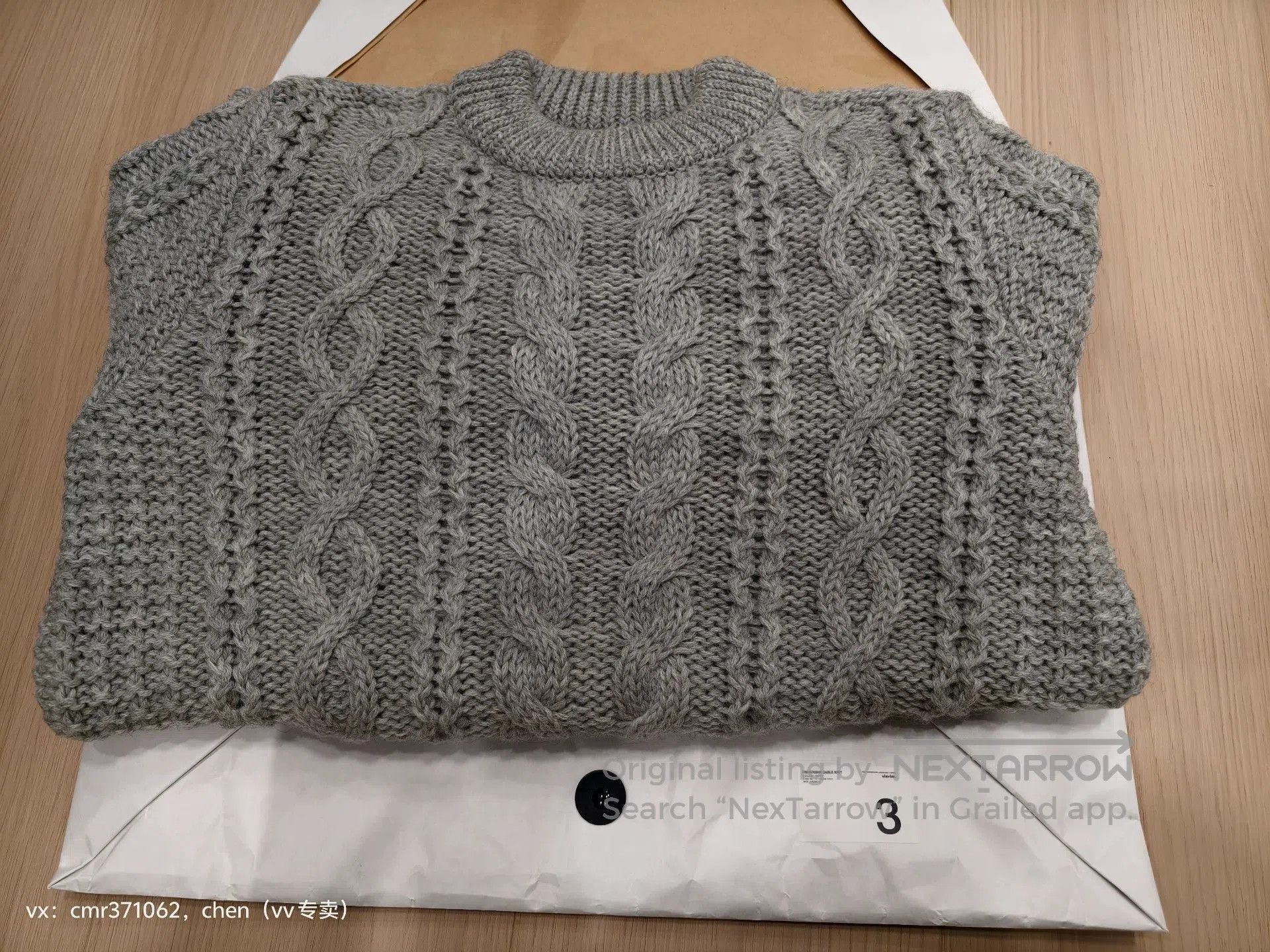 Visvim Gray Cable Knit Sweater with Striped Sleeves (L). Size US L / EU 52-54 / 3 - 9 Thumbnail