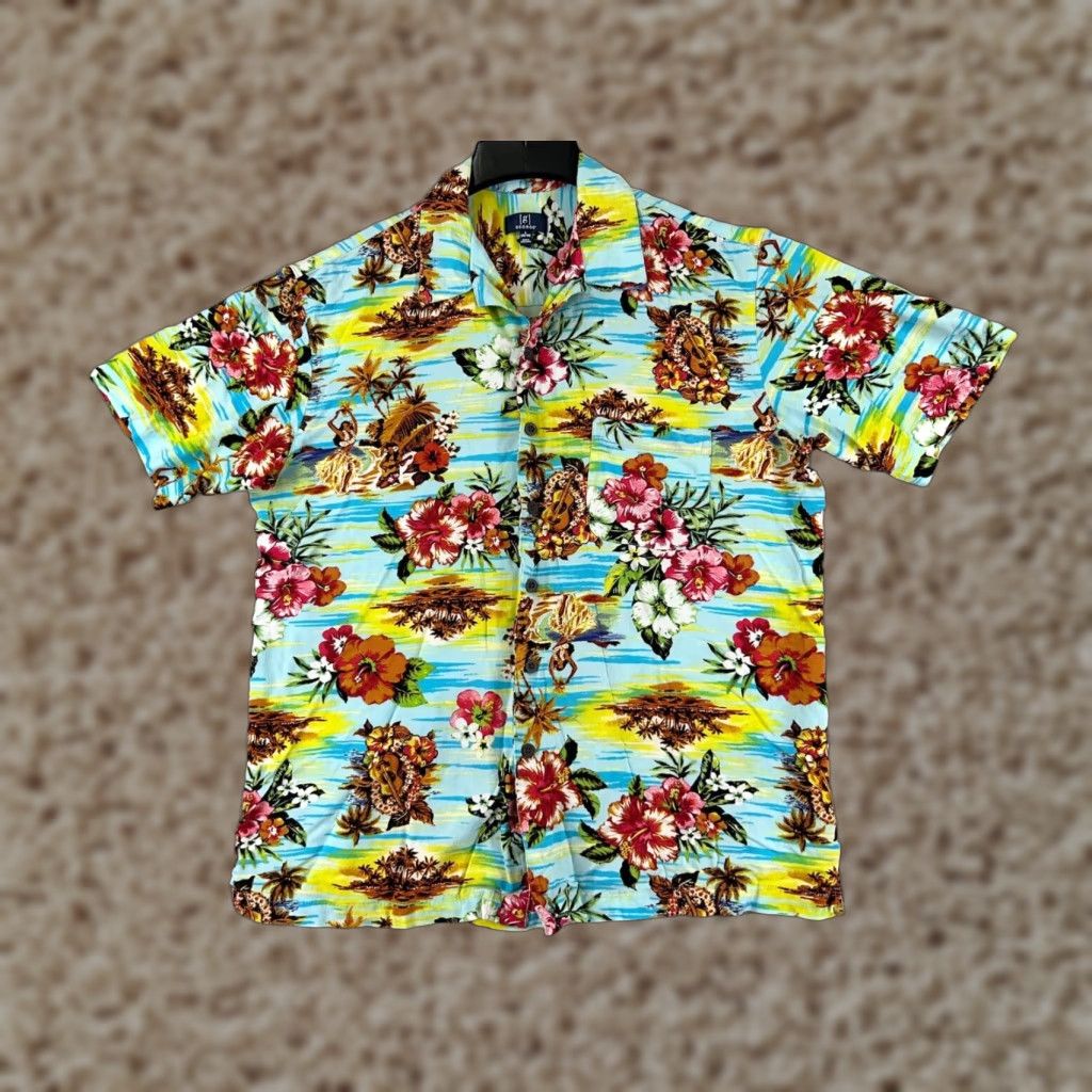 George VINTAGE George Shirt Adult Large Yellow Blue Floral Hula Island Print Button-Down Short Sleeve Rayon Hawaiian Men’s Shirt Size US L / EU 52-54 / 3 - 1 Thumbnail