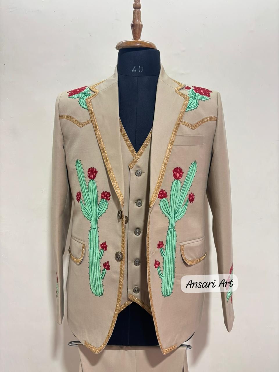 Other Men 3Pc Customized Cactus Embroidery Cocktail Prom Groom Set Size 42L - 1 Thumbnail