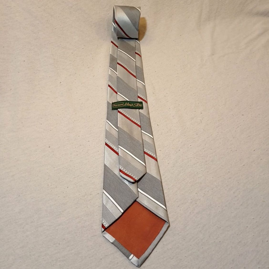 Sears VINTAGE Sears Men's Store Necktie Gray Tie With Red And White Stripes 56" x 3" Red Striped Pointed Classic Short One Size Men Mens Tie Size ONE SIZE - 3 Thumbnail