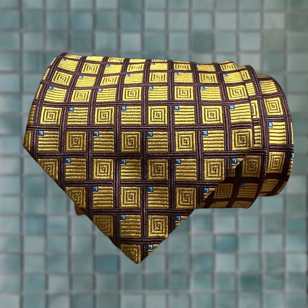 Vintage Jos A Bank Mens Silk Tie Geometric Necktie Italy Gold Blue Brown 100% Silk Classic Length 58" Width 4" Logo Wedding Preppy Designer Mens Size ONE SIZE - 1 Thumbnail