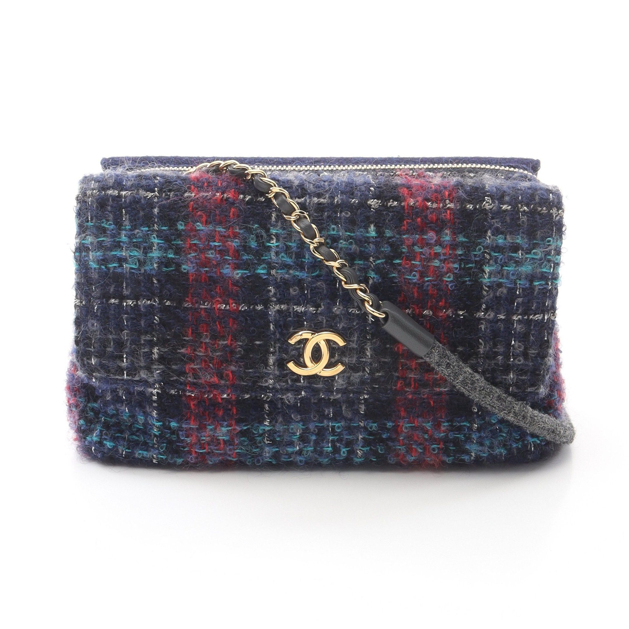 Chanel Double Flap Tweed Chain Shoulder Bag Fabric Leather Navy Multicolor Gold Hardware in Blue, Women's