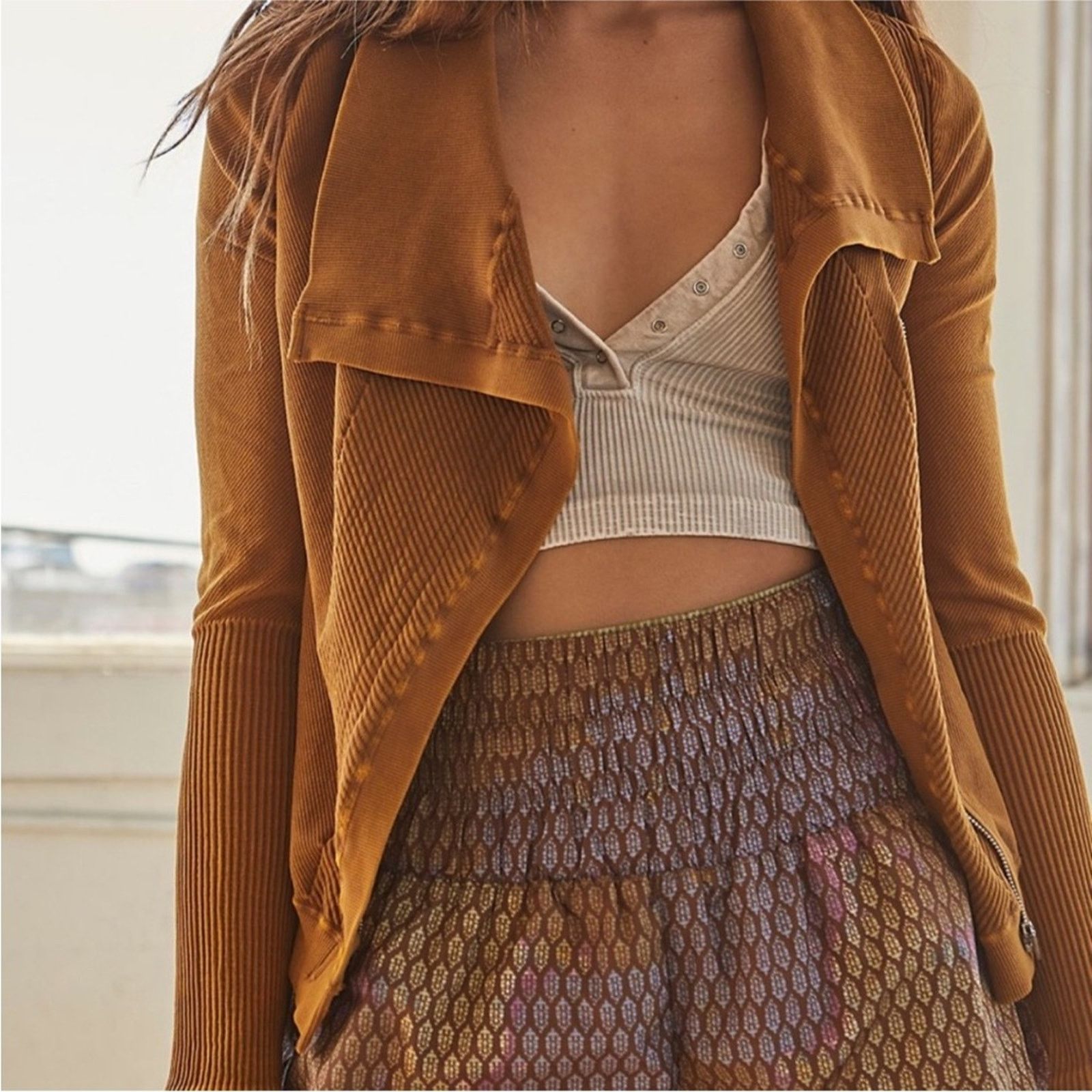 Free People FREE PEOPLE Mustard Gold Yellow Zip Throw Out Jacket Sweater Size S / US 4 / IT 40 - 2 Thumbnail
