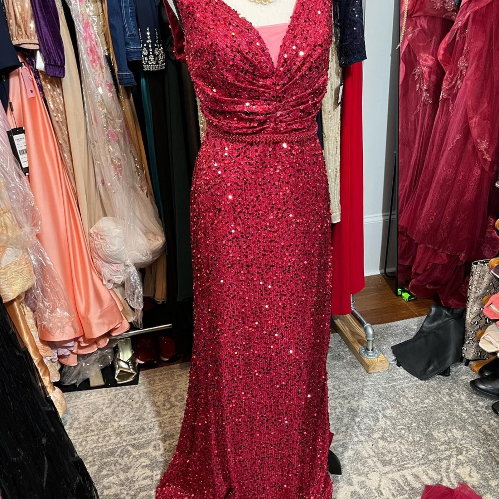 Other Red Sequin Ruched Maxi Dress V-Neck Size XL / US 12-14 / IT 48-50 - 1 Thumbnail