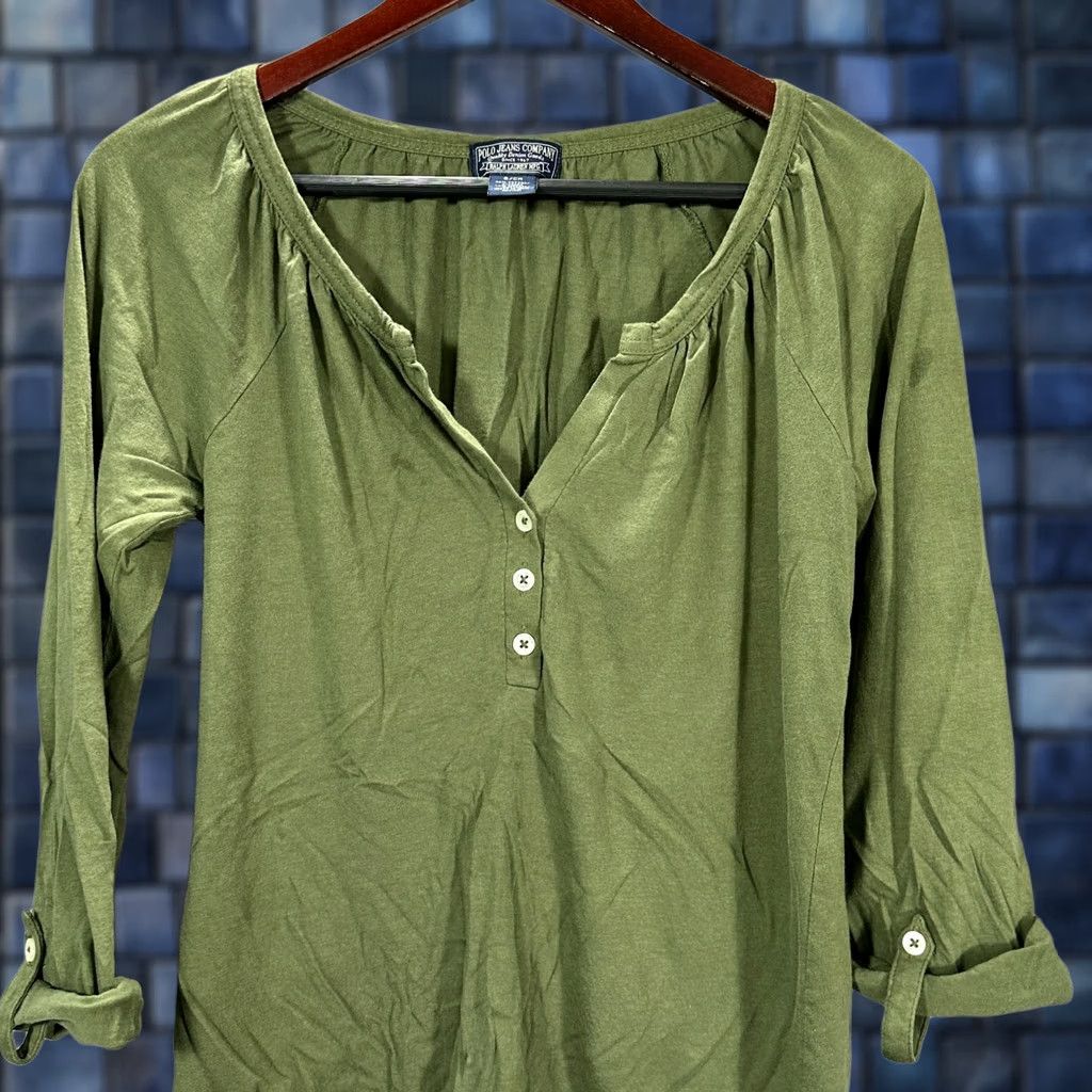Polo Ralph Lauren Polo Ralph Lauren Polo Jeans Co Top Womens S Green 3/4 Sleeve Henley Vintage Cotton Knit Button Logo Casual Shirt Ladies Size S / US 4 / IT 40 - 1 Thumbnail