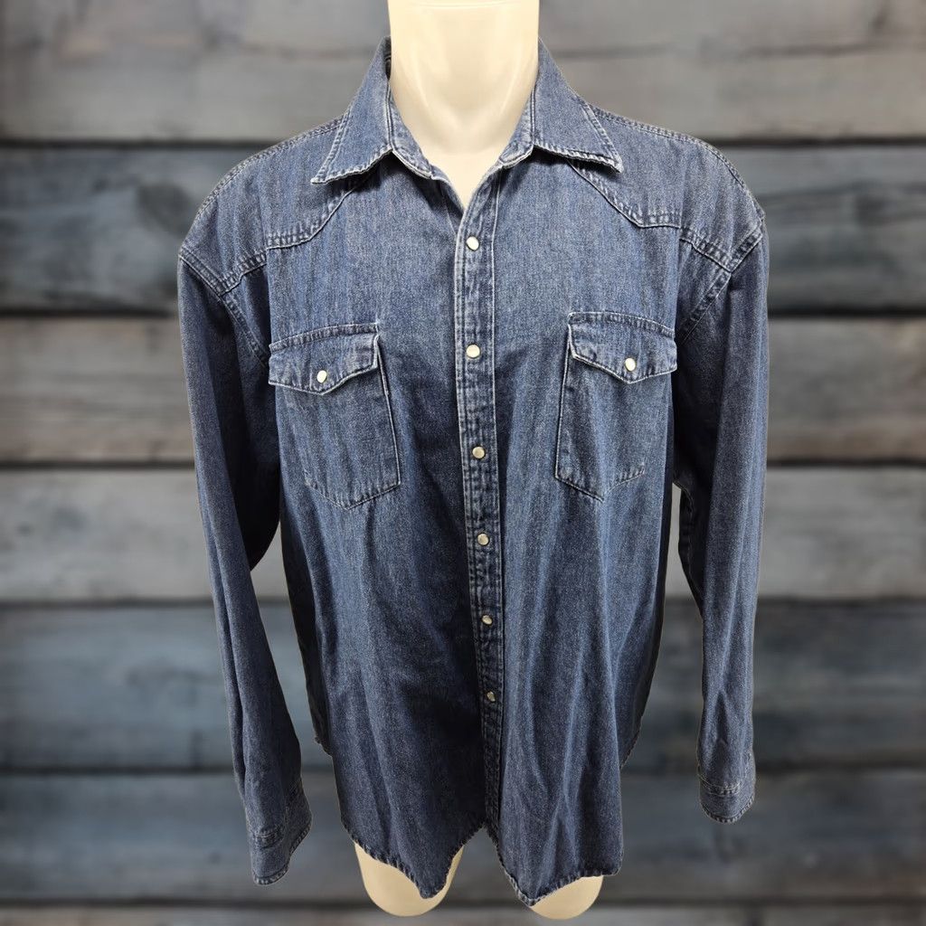 Wrangler Wrangler Shirt Button-Up Denim Long Sleeve Pearl Snap Western Trucker 2XL Mens Blue Cotton Size US XXL / EU 58 / 5 - 1 Thumbnail