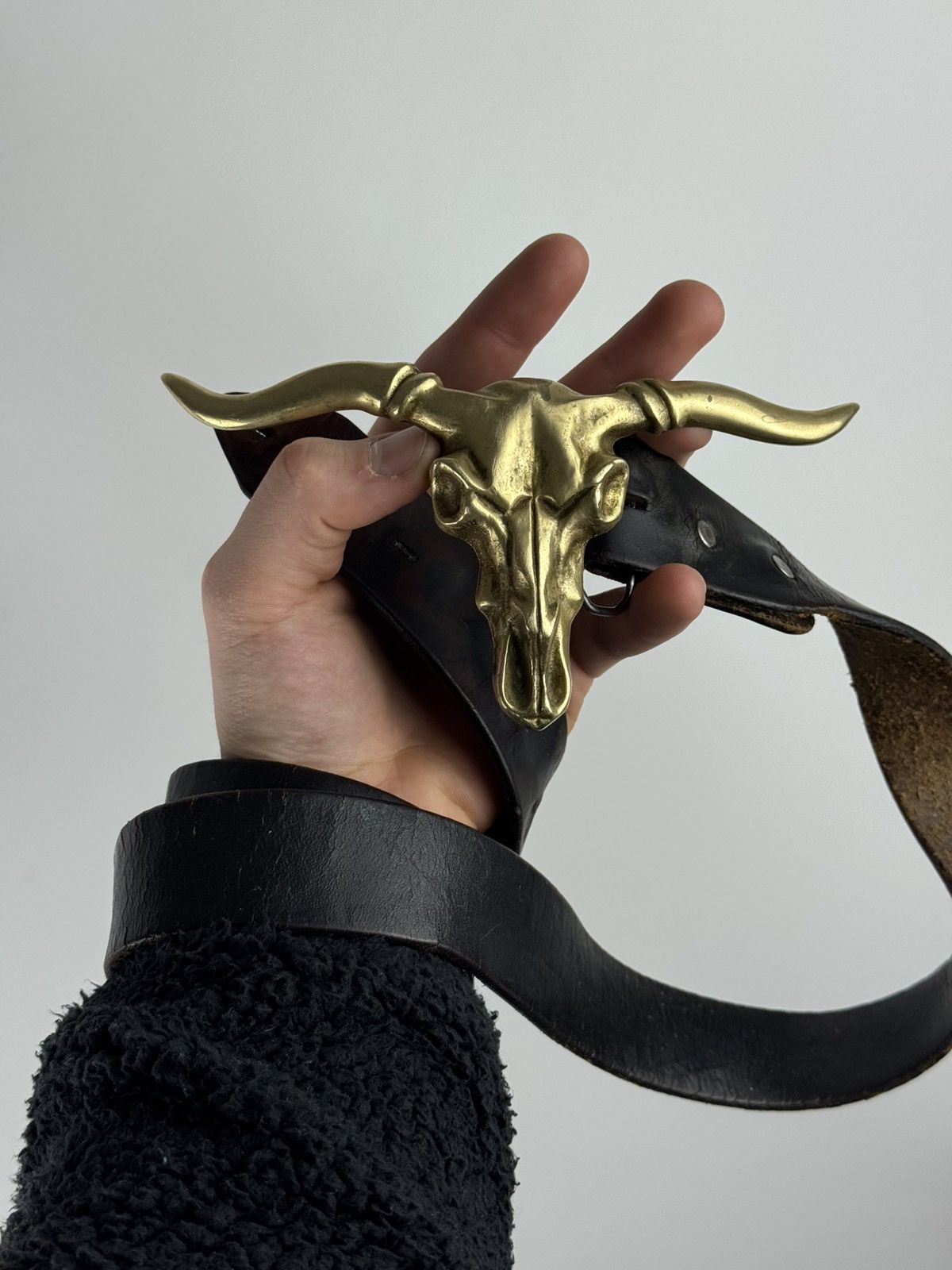 Vintage Leather Belt with Brass Longhorn Skull Buckle – Western Size ONE SIZE - 1 Thumbnail