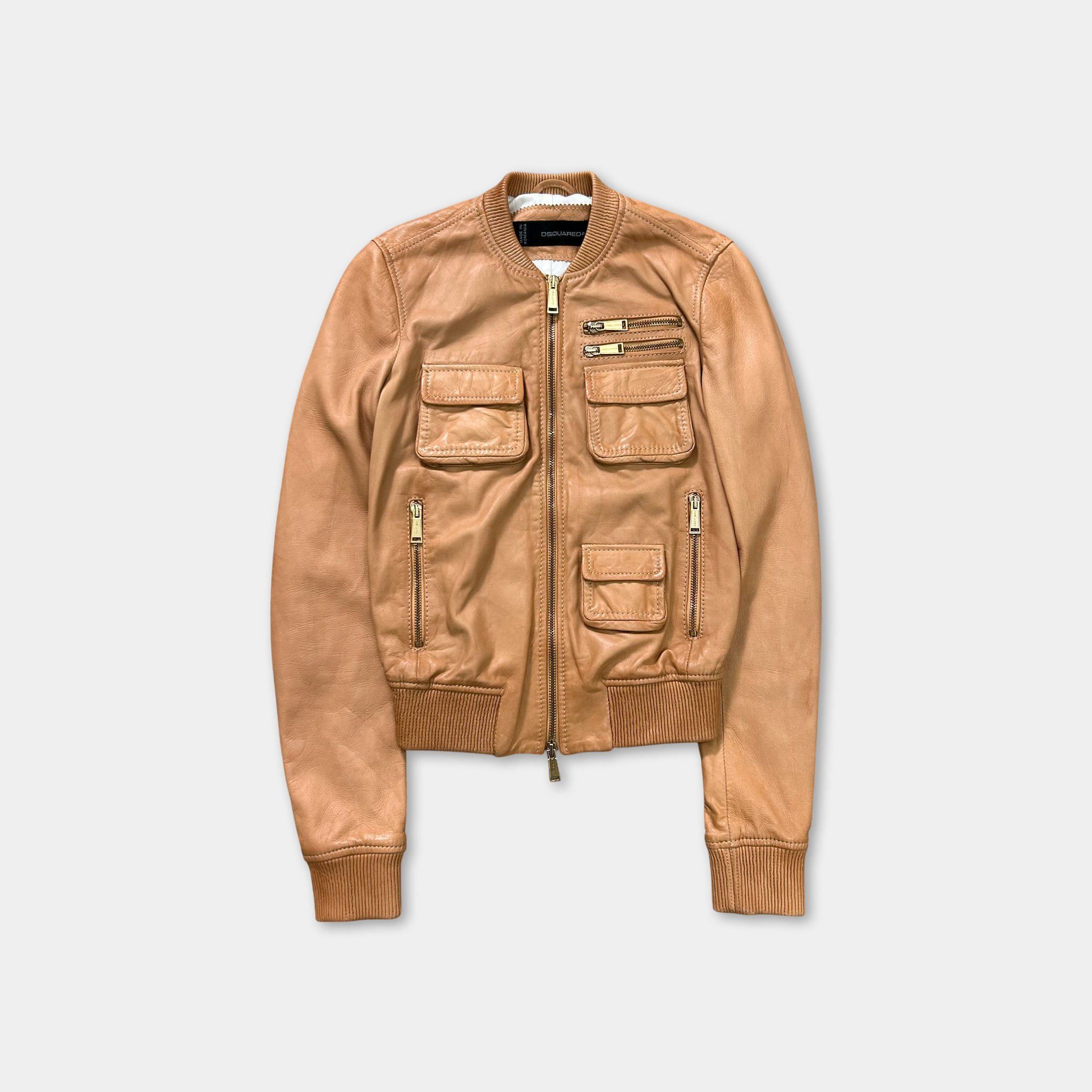 Dsquared2 Dsquared2 Beige Leather Cargo Bomber Jacket Size XS / US 0-2 / IT 36-38 - 1 Thumbnail