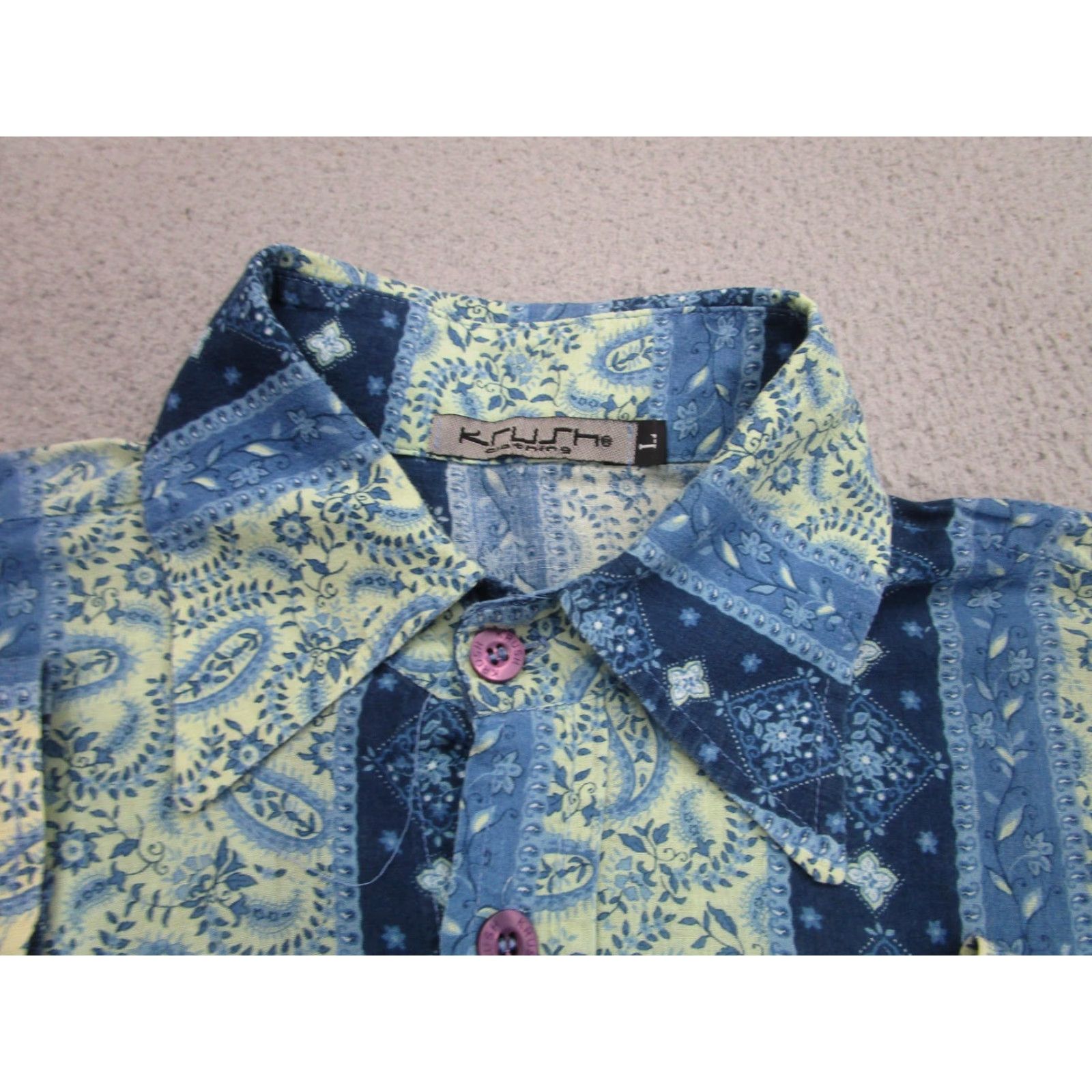 Vintage Krush Shirt Mens L Blue Paisley Disco 70s Winged Collar Made USA Boho Rockabilly Shirt Size US L / EU 52-54 / 3 - 4 Thumbnail