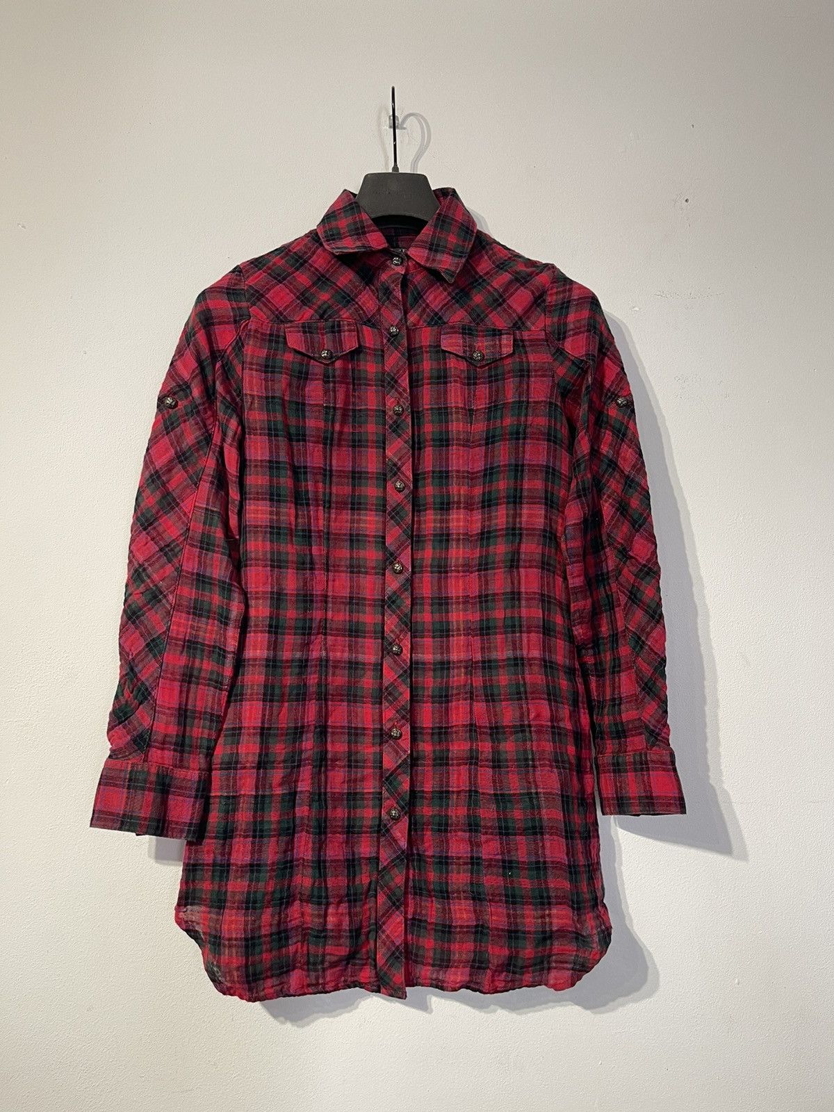 image of Chrome Hearts Cross Patch Leather Flannel Shirt in Red, Men's (Size XS)