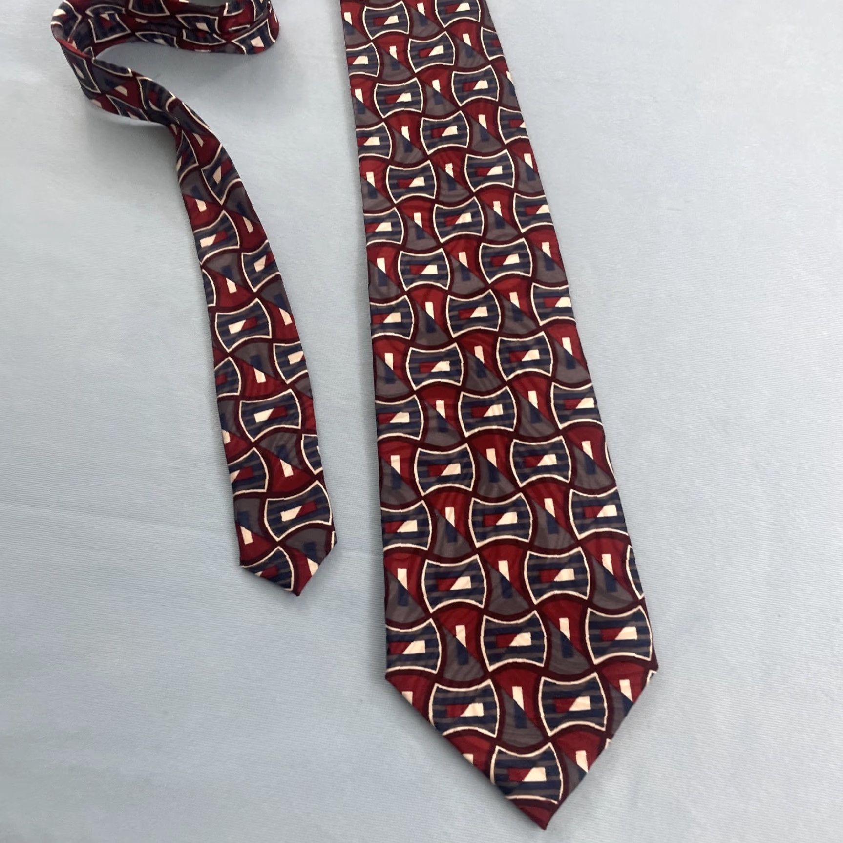 Albert Nipon VINTAGE Albert Nipon Men Silk Tie Geometric Abstract Red Gray Blue 56" 4x56 MCM 90s Tie Mens Size ONE SIZE - 3 Thumbnail