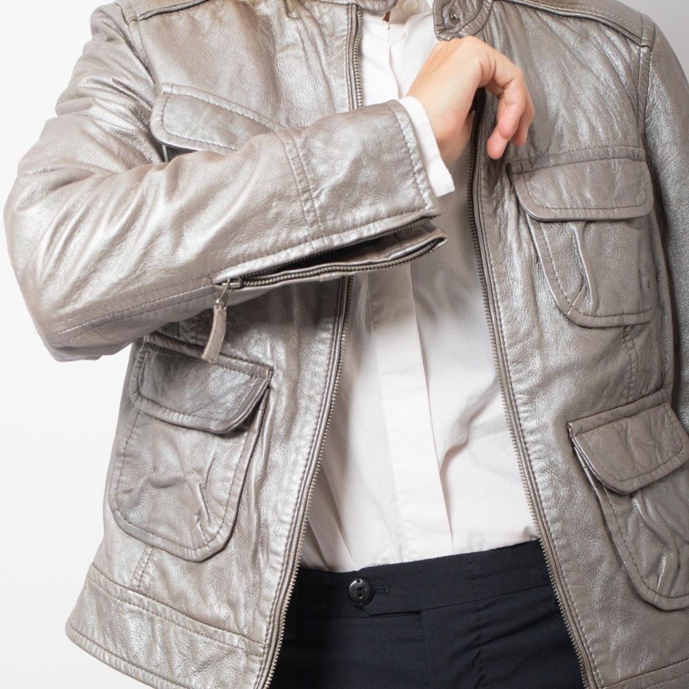 BODEN Vintage 90s Y2K Silver Metallic Leather Jacket Racing