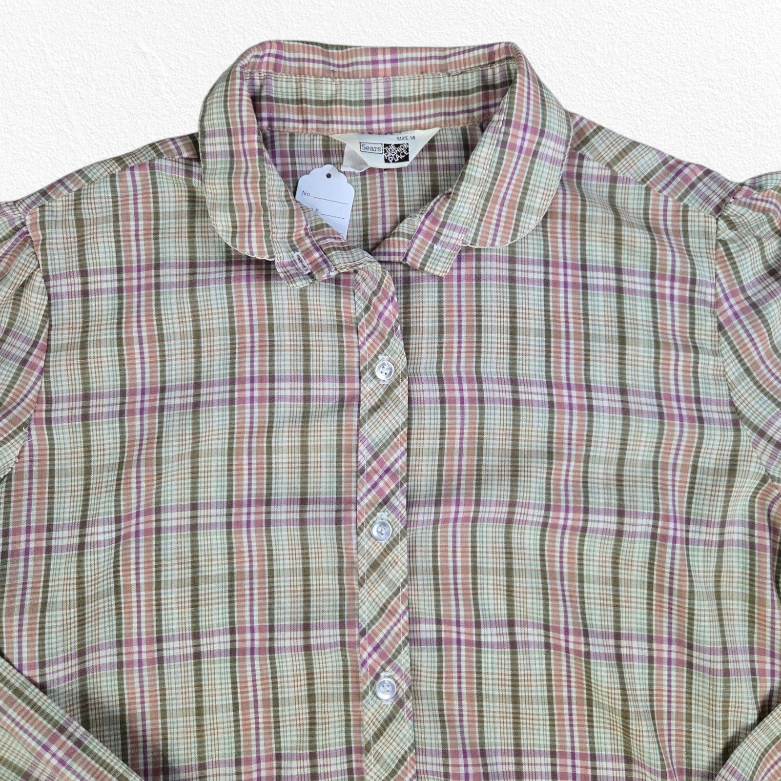Vintage 1970s Cream Plaid Puff Sleeve Blouse Prairie Top Size 12 Size XL / US 12-14 / IT 48-50 - 4 Thumbnail