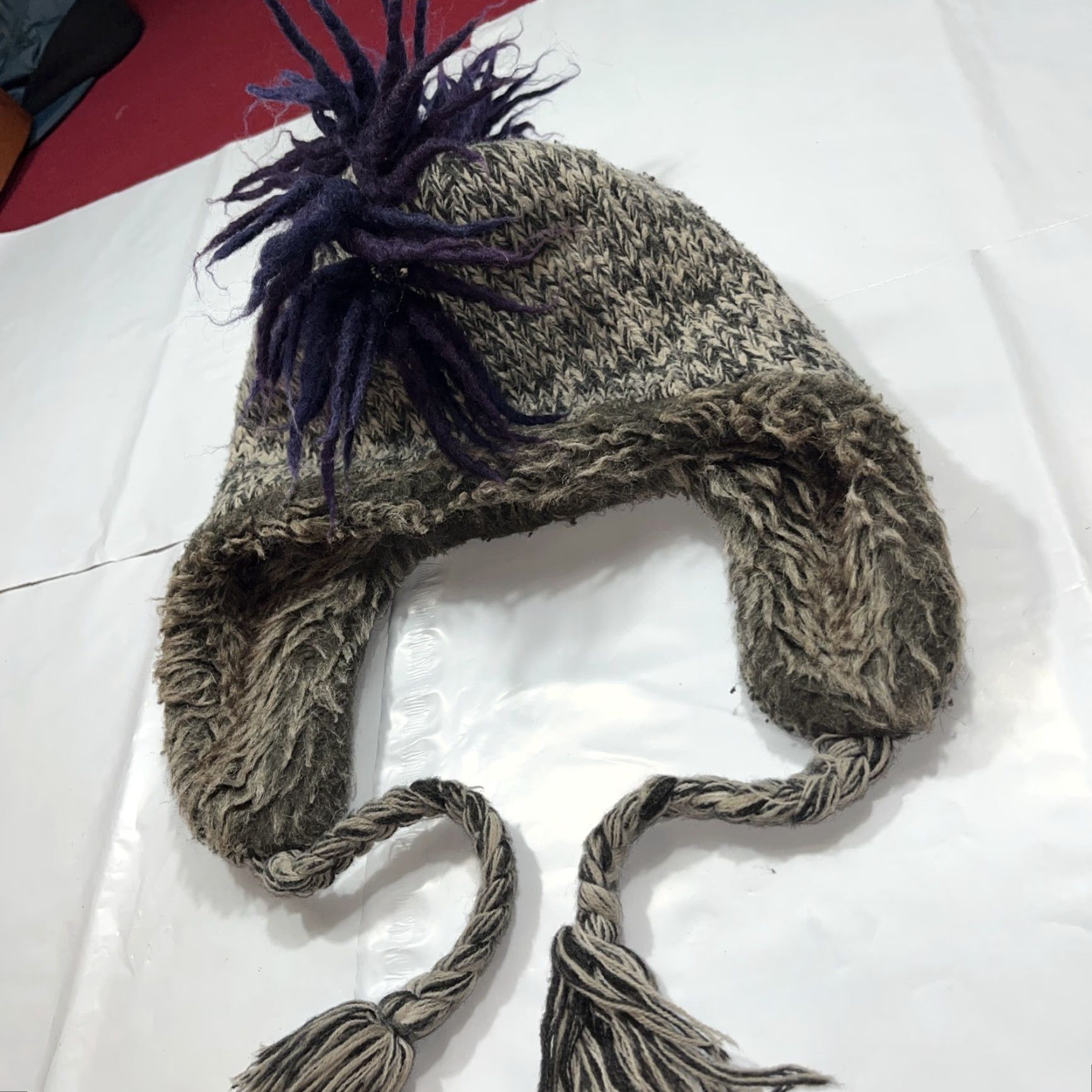 Vintage Dakota Dan HAT Gray Blue Knit Ear Flap Mohawk Braided Hang Ties 3D Tribal Winter Knit Cap Unisex Adults Men Women 90s Wild Ski Snow Geometric Pattern Size ONE SIZE - 4 Thumbnail