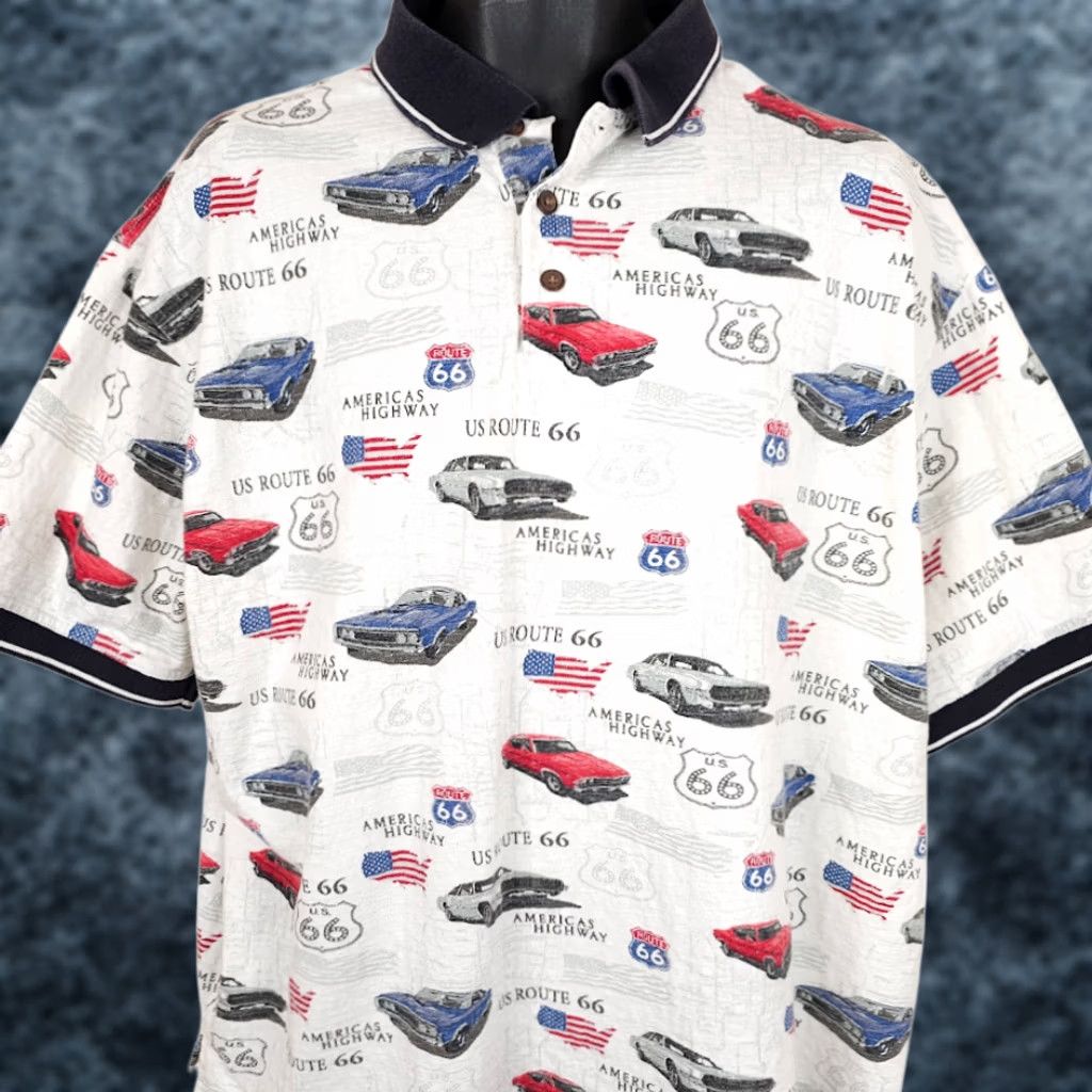 Route 66 Route 66 Classic Cars Polo Shirt Mens XL White All Over Print Royale Air Shirt Size US XL / EU 56 / 4 - 1 Thumbnail