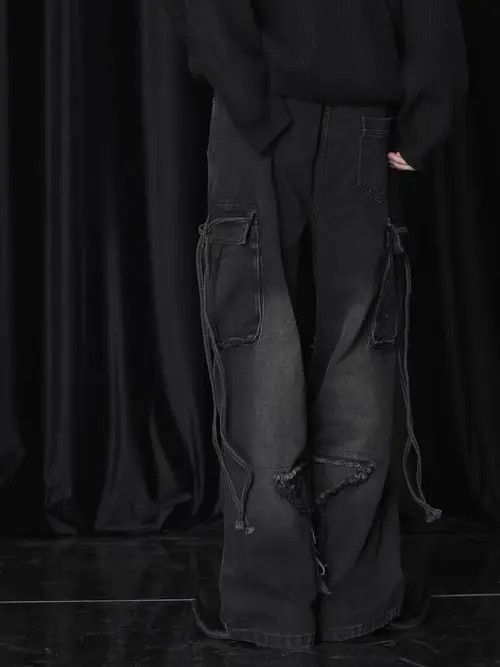 Japanese Brand Vintage Raw Hem Design Wide Leg Baggy Jeans Size US 34 / EU 50 - 4 Thumbnail