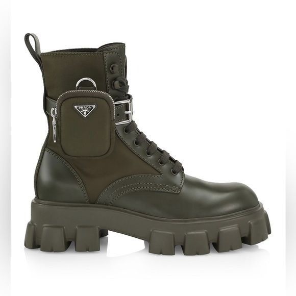 image of Prada Monolith Lug-Sole Leather Combat Boots in Green, Men's (Size 9.5)