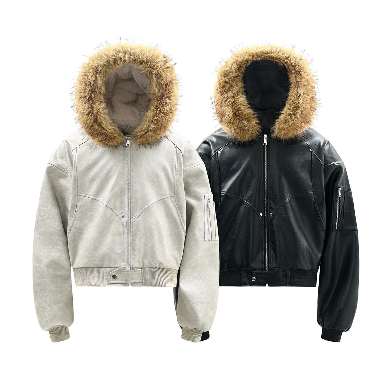 Japanese Brand Black and White Faux Leather Bomber Jacket with Fur Hood Size US M / EU 48-50 / 2 - 5 Thumbnail