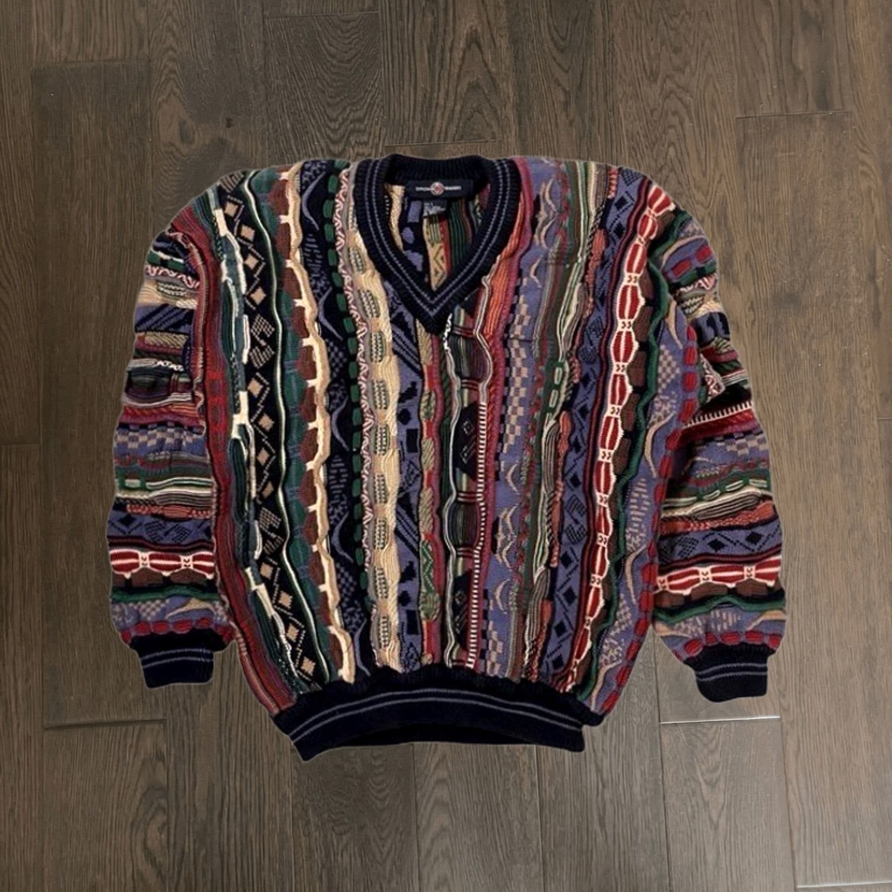 Vintage Cotton Traders Sweater Mens L Multi-Color 90s Hip Hop V Neck Textured Relaxed Cotton, Men's