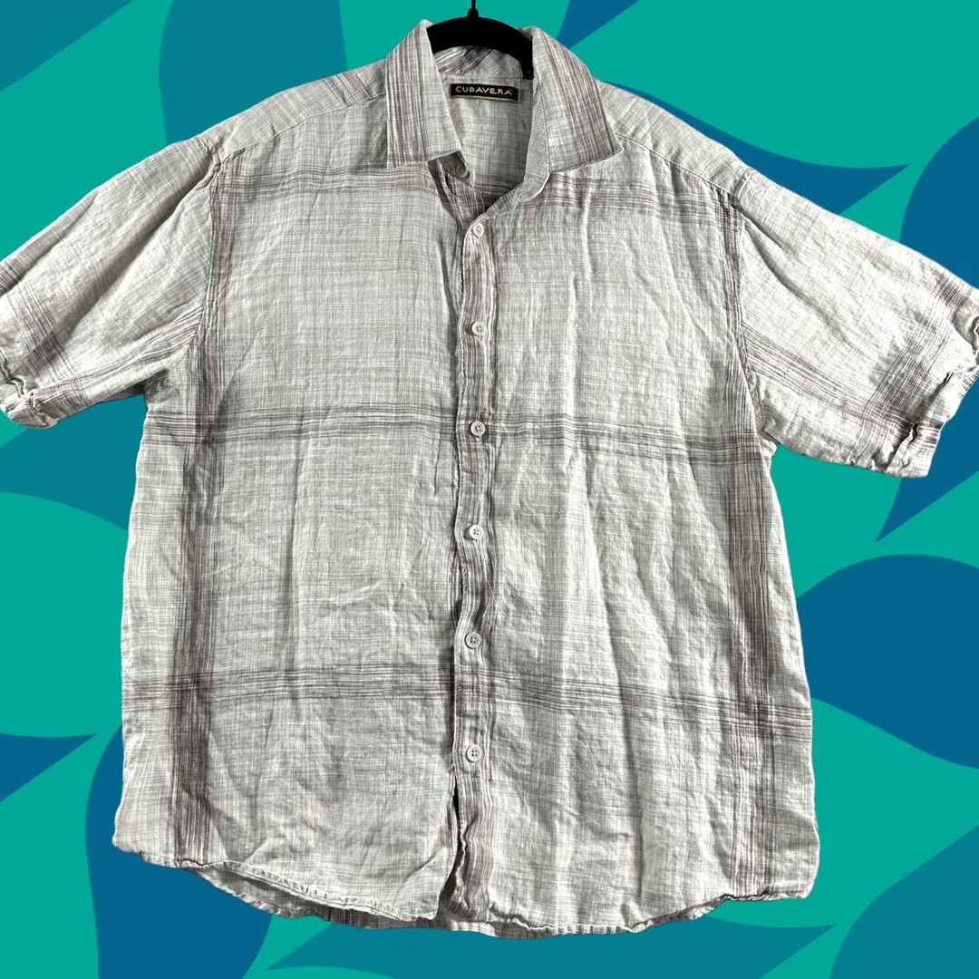 Cubavera Button-Up Shirt Mens Large White Beige Ivory Plaid Linen Short Sleeve Beach Casual Sportsman Regular, Men's