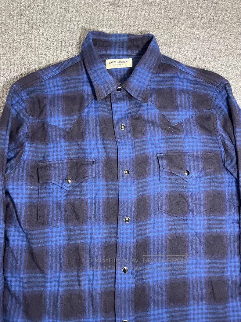 Saint Laurent Paris Saint Laurent Paris Cat Eye Button Blue and Black Plaid Sh Size US XL / EU 56 / 4 - 2 Thumbnail