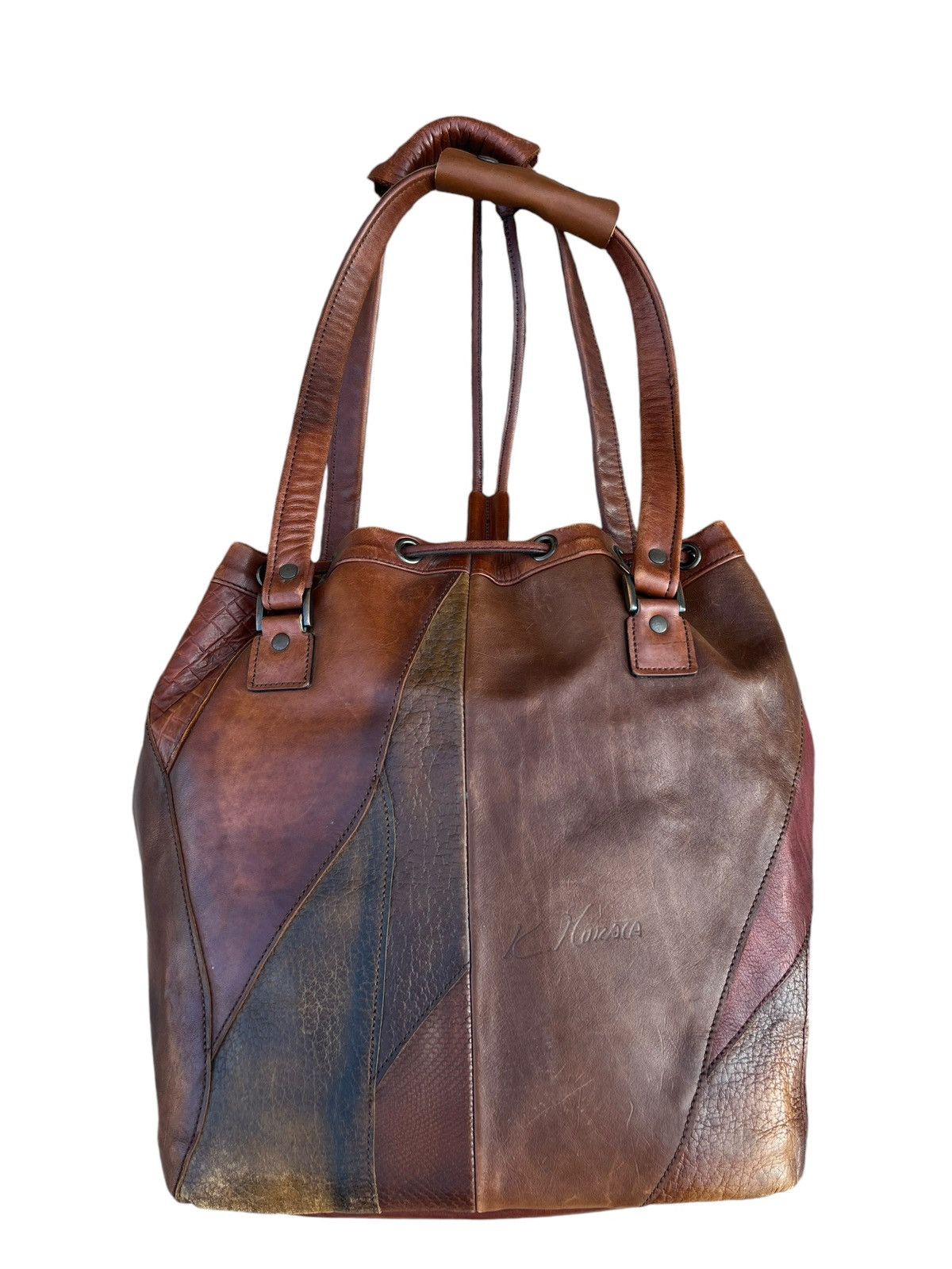 Leather Vintage K. Murata Japan Fade Patina Patchwork Tote Bag Size ONE SIZE - 8 Thumbnail