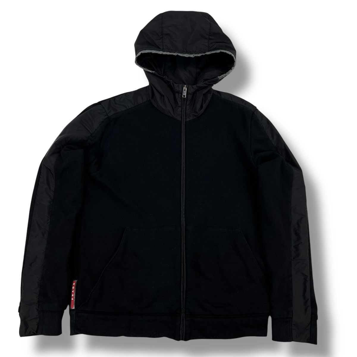 Prada Mens Black Cotton Re Nylon Logo Full Zip Hoodie Size M
