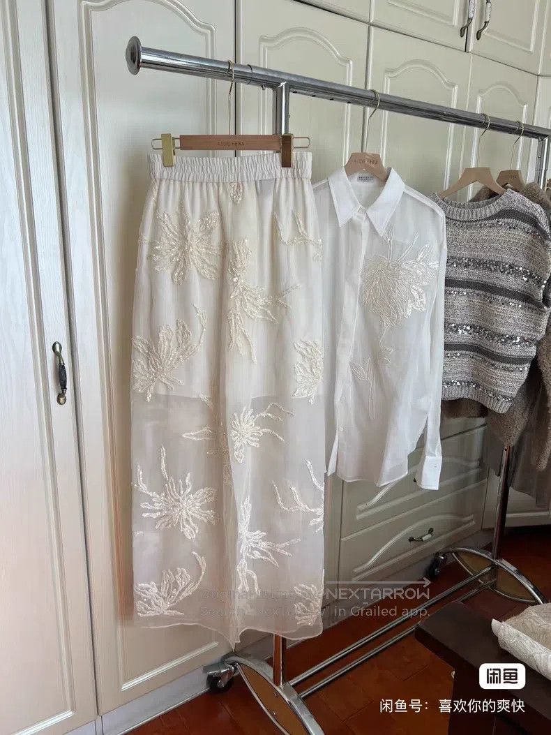 Brunello Cucinelli Brunello Cucinelli White Silk Embroidered Sequin Skirt Size 25" / US 0 / IT 36 - 4 Thumbnail