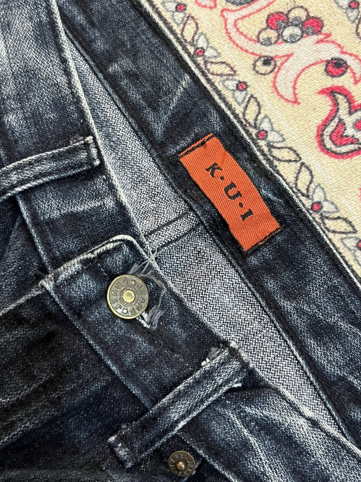Tornado Mart K.U.I Dark Cracked Washed Distressed Flare Jeans Size US 32 / EU 48 - 5 Thumbnail