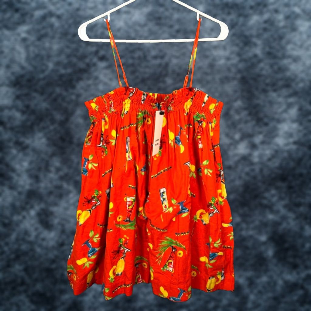 Damson Madder 16 Tropical Cocktail Print Organic Cotton Linen Blend Mini Dress