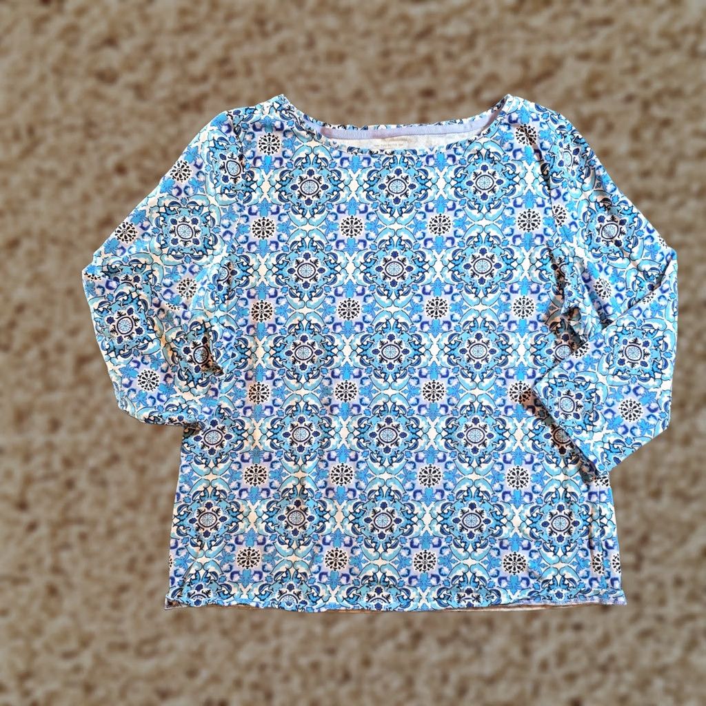 Talbots Talbots Top Womens XL Blue Geometric Boat Neck Long Sleeve Stretch Casual Blouse Size XL / US 12-14 / IT 48-50 - 1 Thumbnail