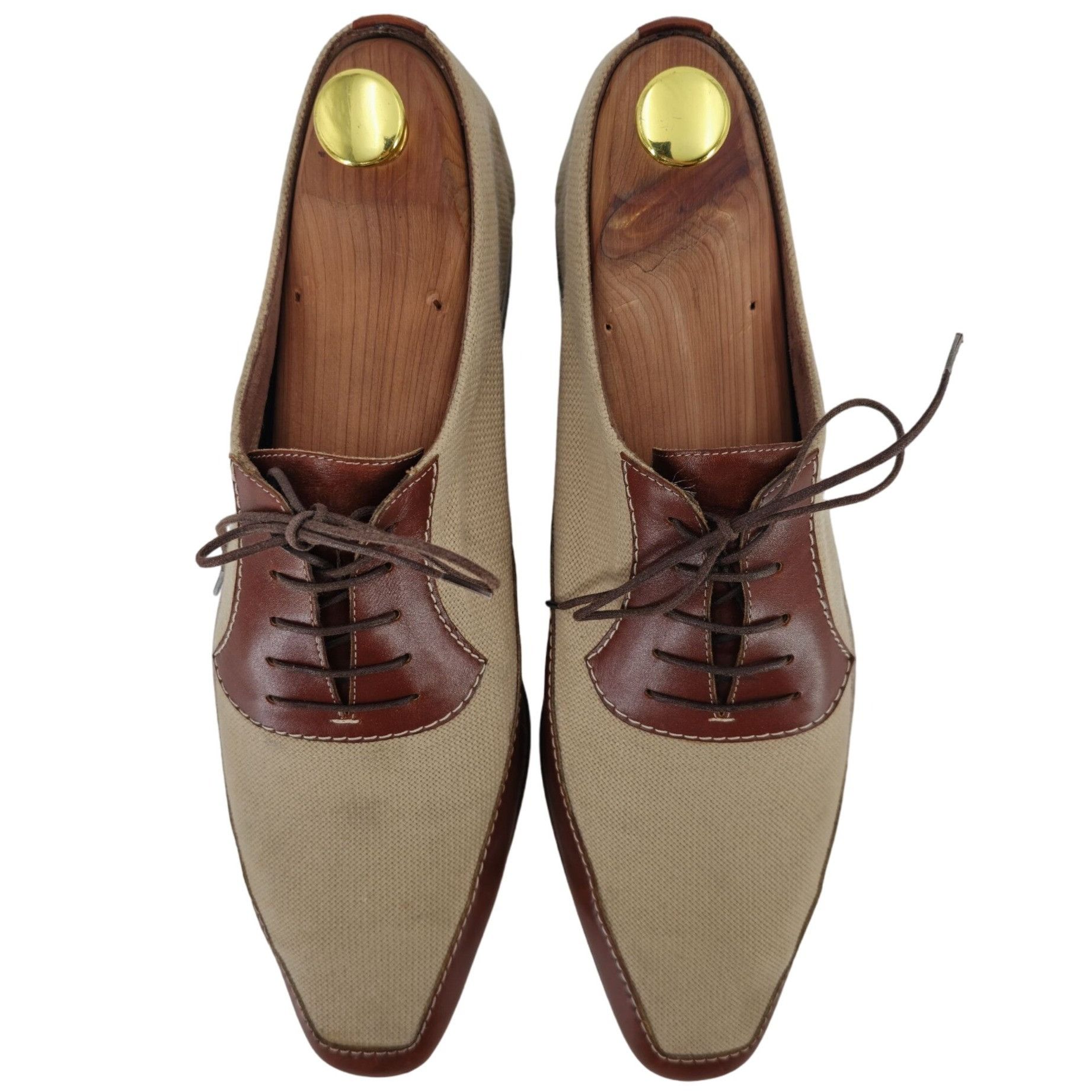 Testoni A. Testoni Italy Men 9 Dress Shoe Beige Brown Canvas Leather Size US 9 / EU 42 - 2 Thumbnail