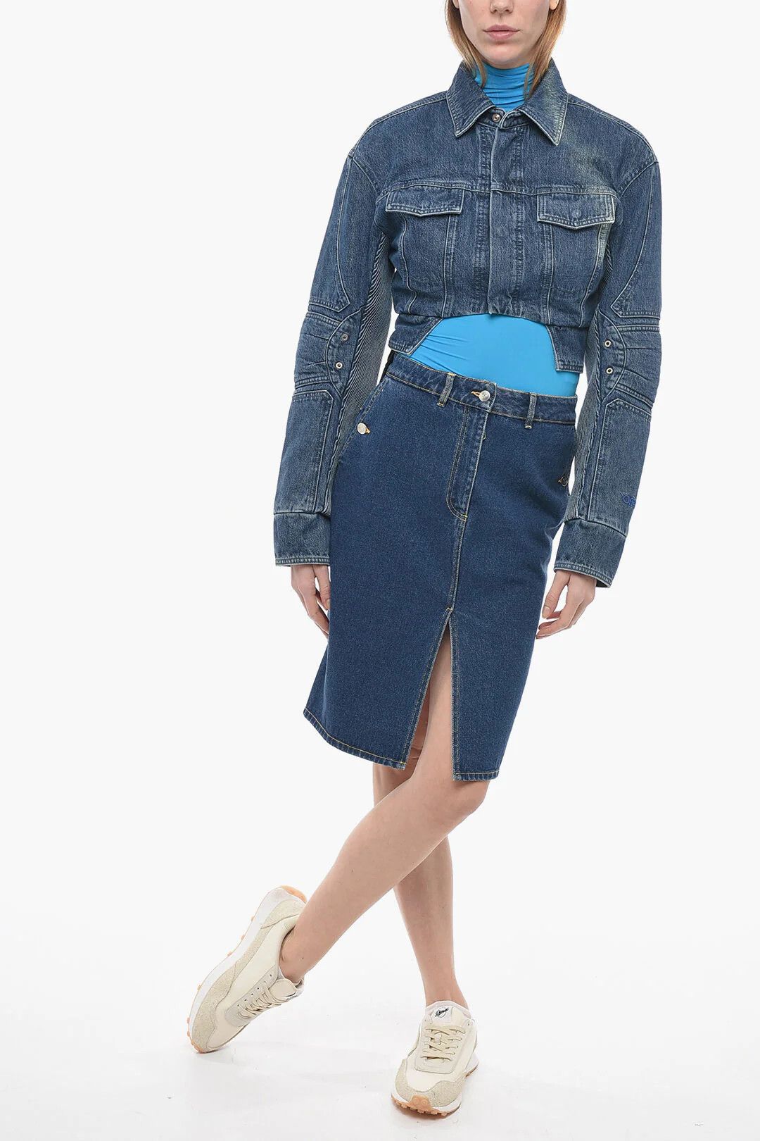Off-White og1mm0426 Crop Biker Fit Denim Jacket in Blue Size M / US 6-8 / IT 42-44 - 4 Thumbnail