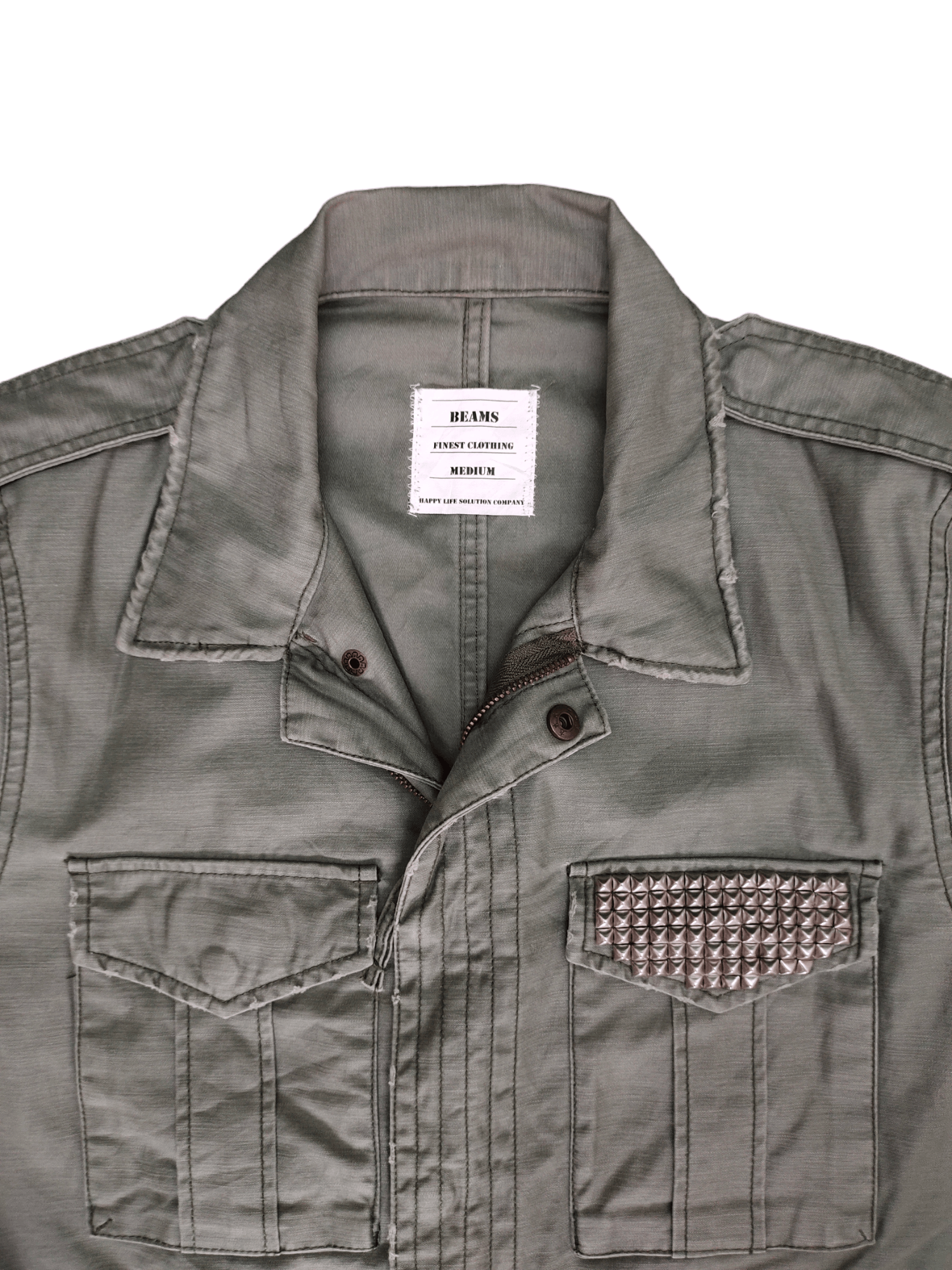 Beams Plus 2000s Beams Studded Pocket Olive Green Military Field Shirt Size US M / EU 48-50 / 2 - 3 Thumbnail