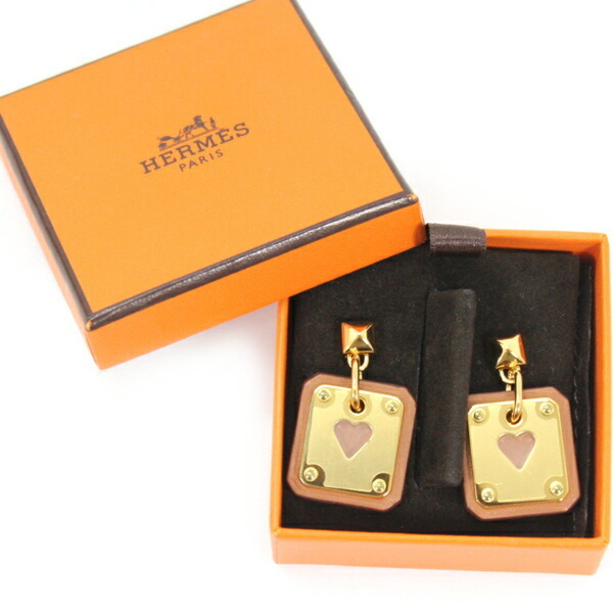 image of Hermes Earrings Ace Of Heart As De Coeur Swift Leather Gold Brown Y Engraved Playing Cards Women's 